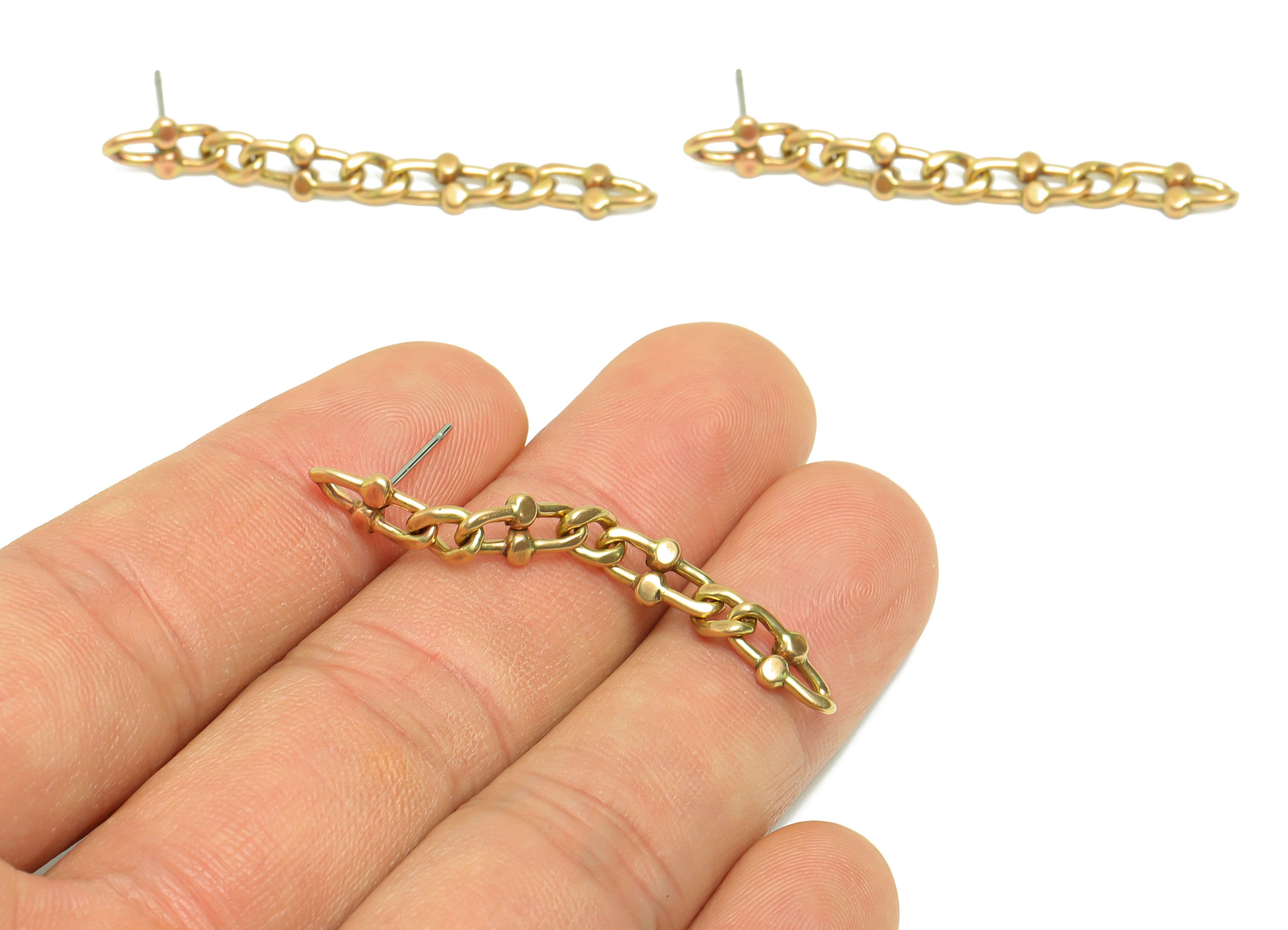 Brass Chain Earring Stud - Raw Brass Tassel Earring Post - Oval Hammered Chain Earring Post - Hang Link Post - 45x5.5x1mm- PP8863 - DOMEDBAZAAR