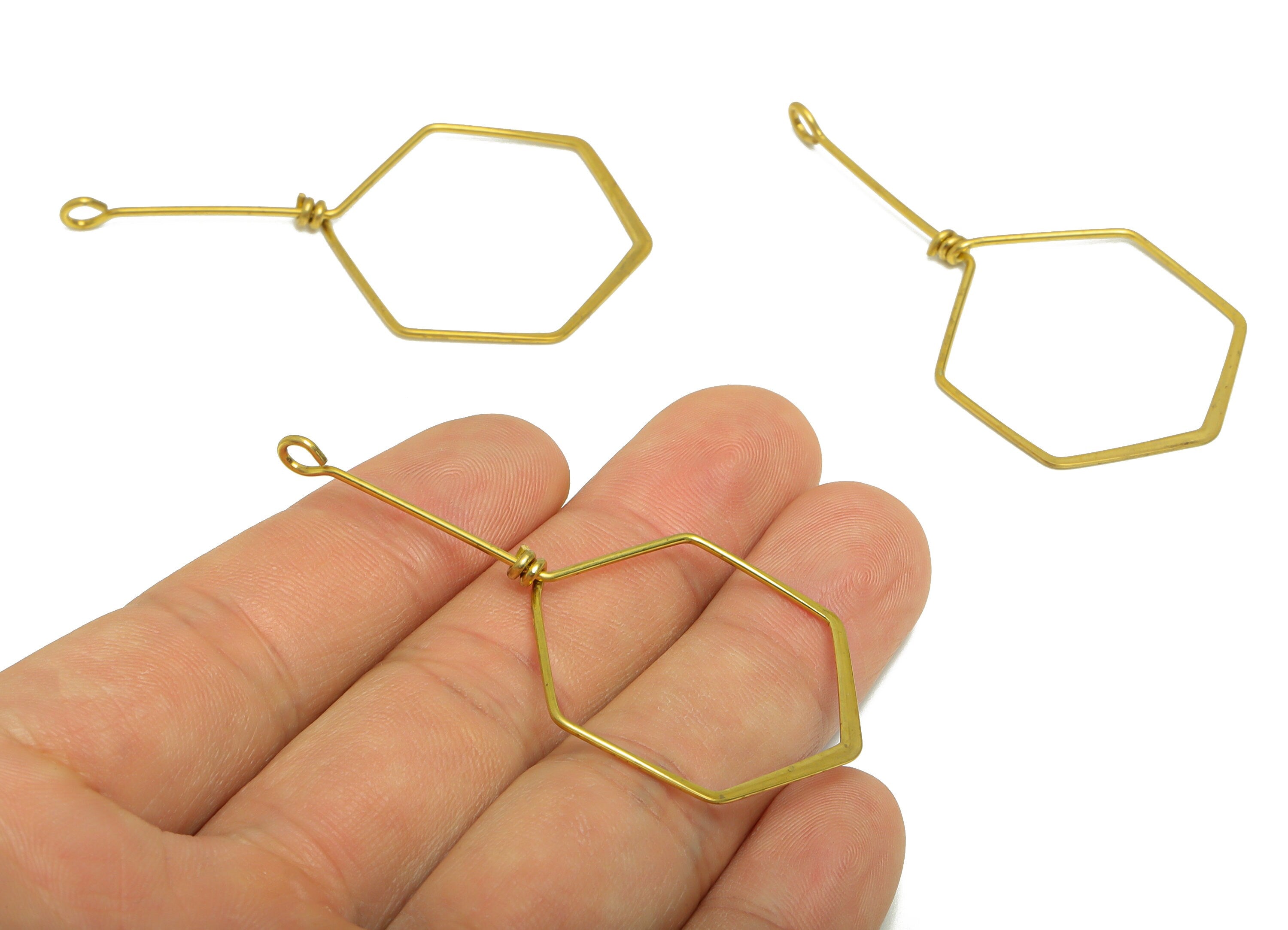 Brass Wire Hexagon Earring Charm - Brass Hammered Wire Earring Charm - Brass Geometry Wire Earring Pendant - 59.36x30.38x0.9mm - PP9100 - DOMEDBAZAAR