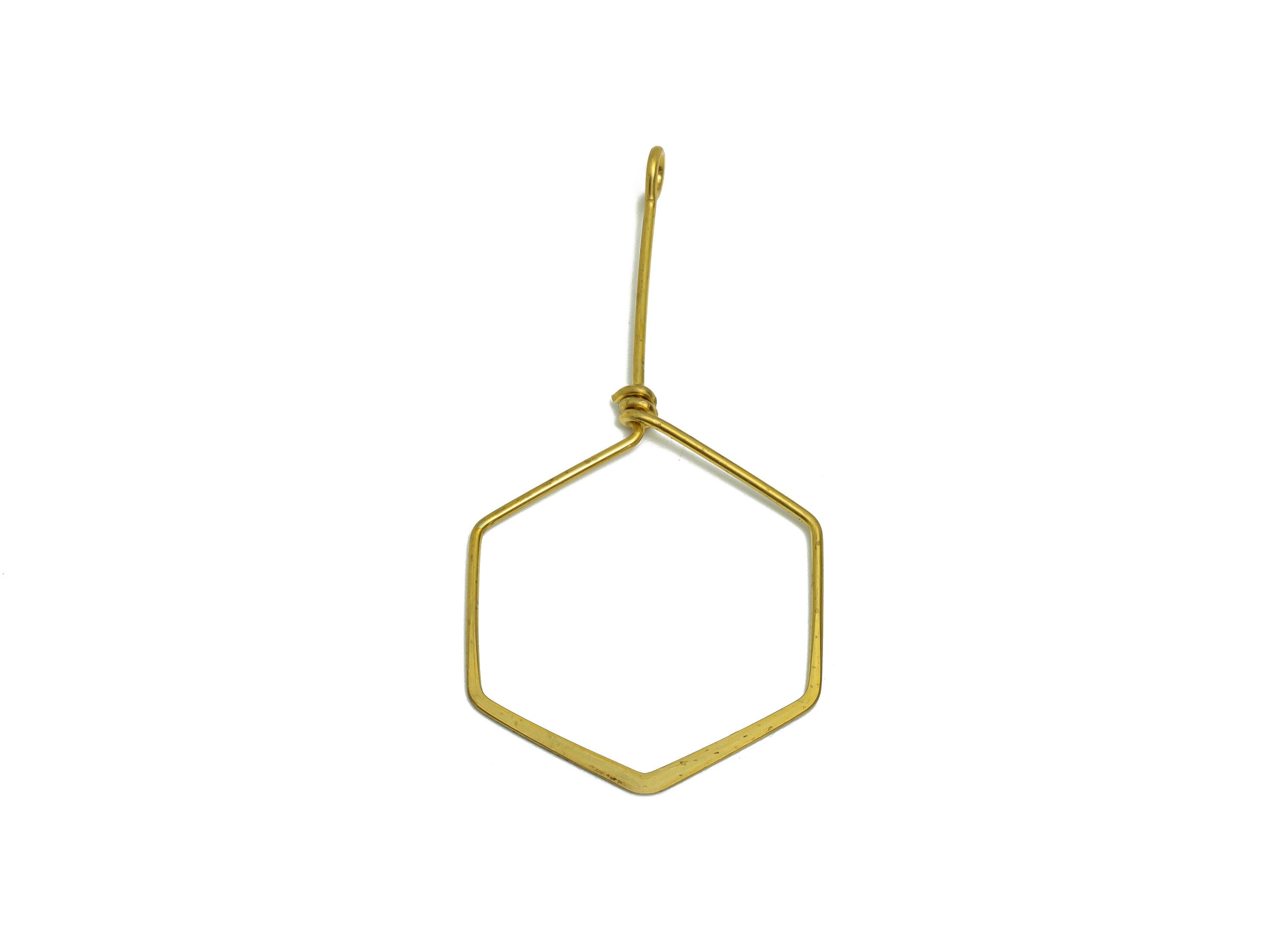 Brass Wire Hexagon Earring Charm - Brass Hammered Wire Earring Charm - Brass Geometry Wire Earring Pendant - 59.36x30.38x0.9mm - PP9100 - DOMEDBAZAAR