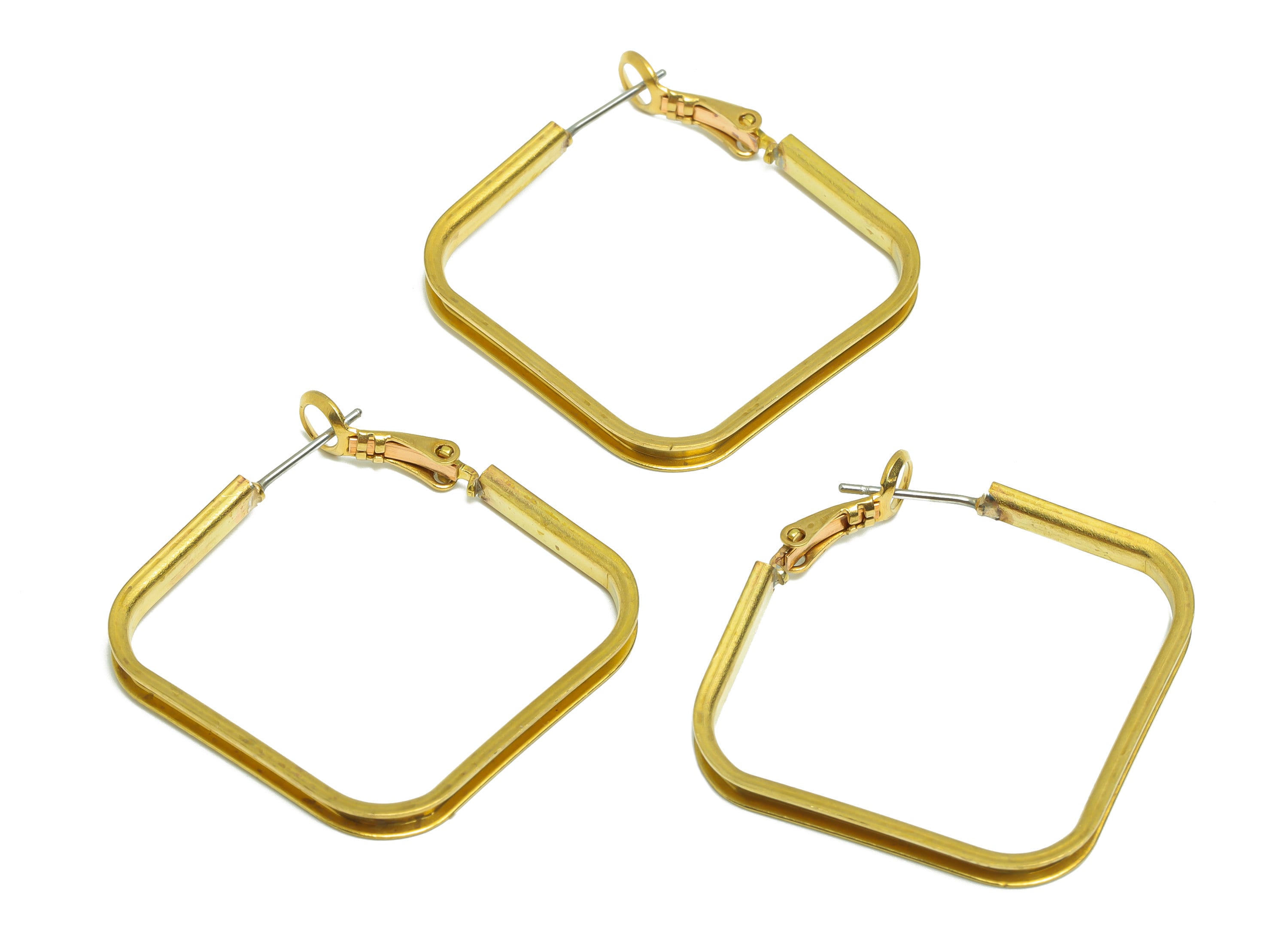 Brass Square Hoop Earring - Clasp Back Earring - Square Clasp Back Earring - Geometry Lock Earring - Raw Brass Clasp Back - 38x34x3mm-PP9399 - DOMEDBAZAAR