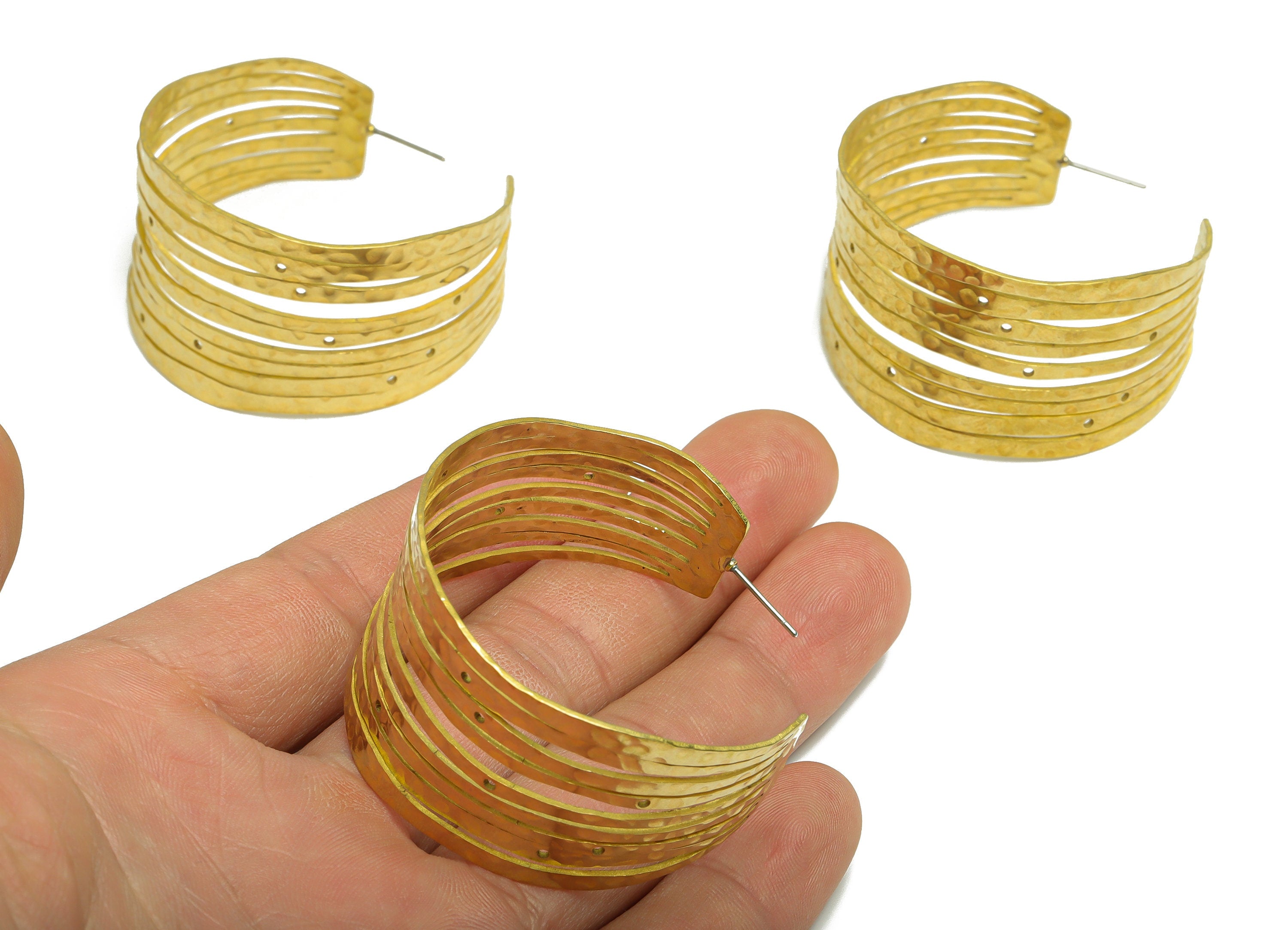 Brass Thick C Hoop Earring - Raw Brass Hammered Hoop Earring Stud - Wide Textured Clasp Earring Post - Hammered Post - 47x47x1mm -PP9416 - DOMEDBAZAAR