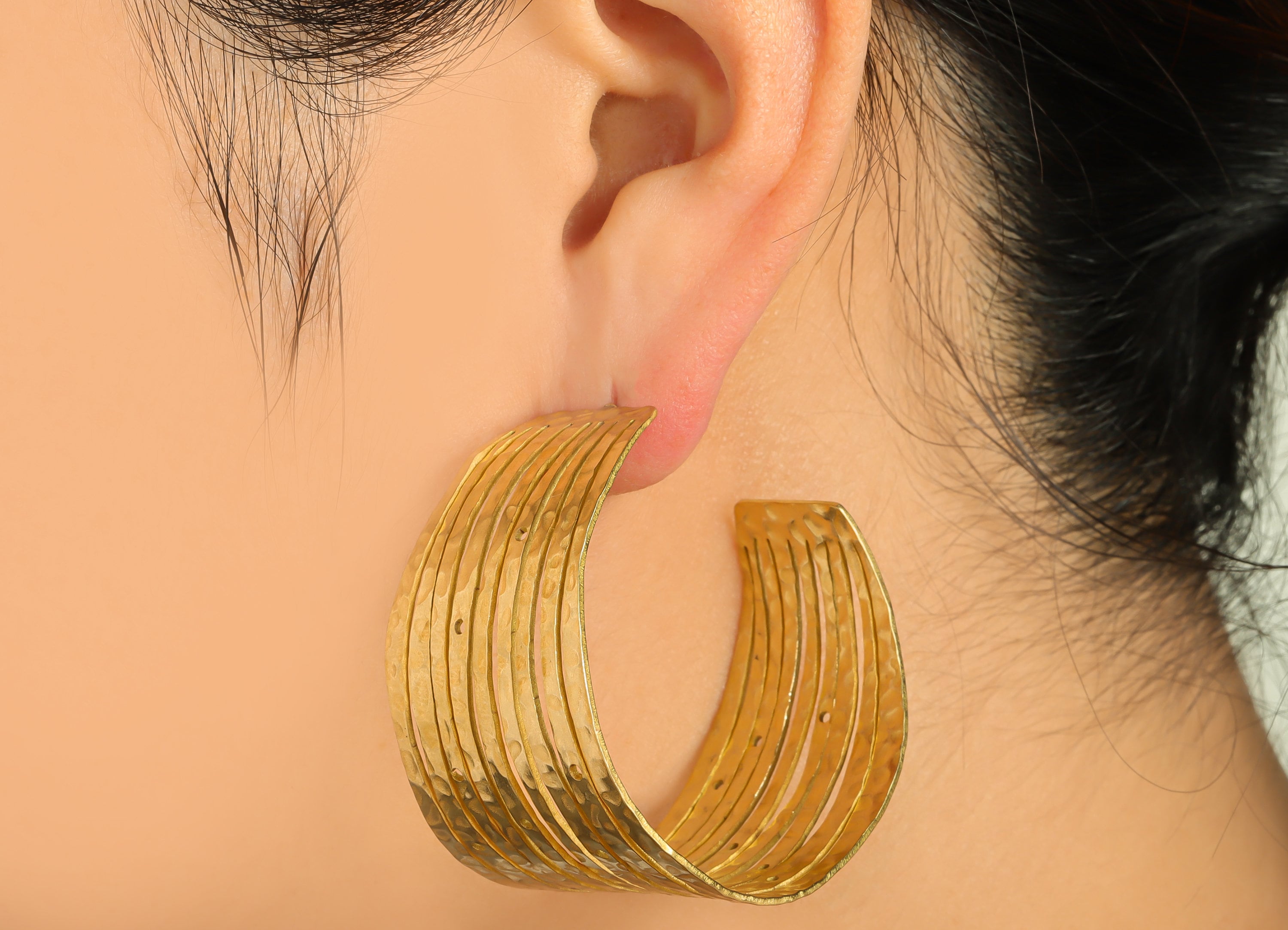 Brass Thick C Hoop Earring - Raw Brass Hammered Hoop Earring Stud - Wide Textured Clasp Earring Post - Hammered Post - 47x47x1mm -PP9416 - DOMEDBAZAAR