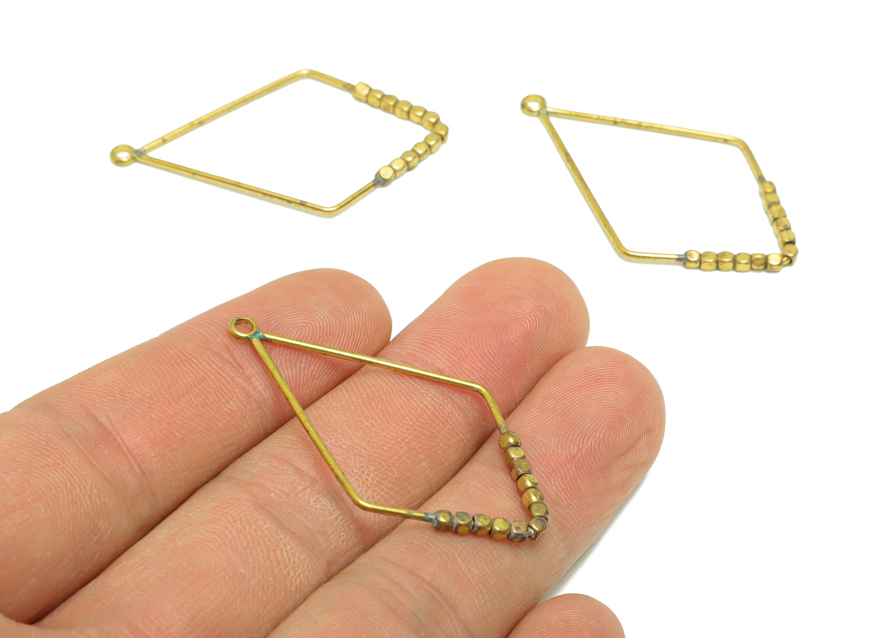 Beaded Wire Diamond Charm - Brass Rhombus Earring Charm - Cube Beaded Earring Charm - Turn Diamond Beads Earring Charm - 42x25x1mm -PP9075 - DOMEDBAZAAR