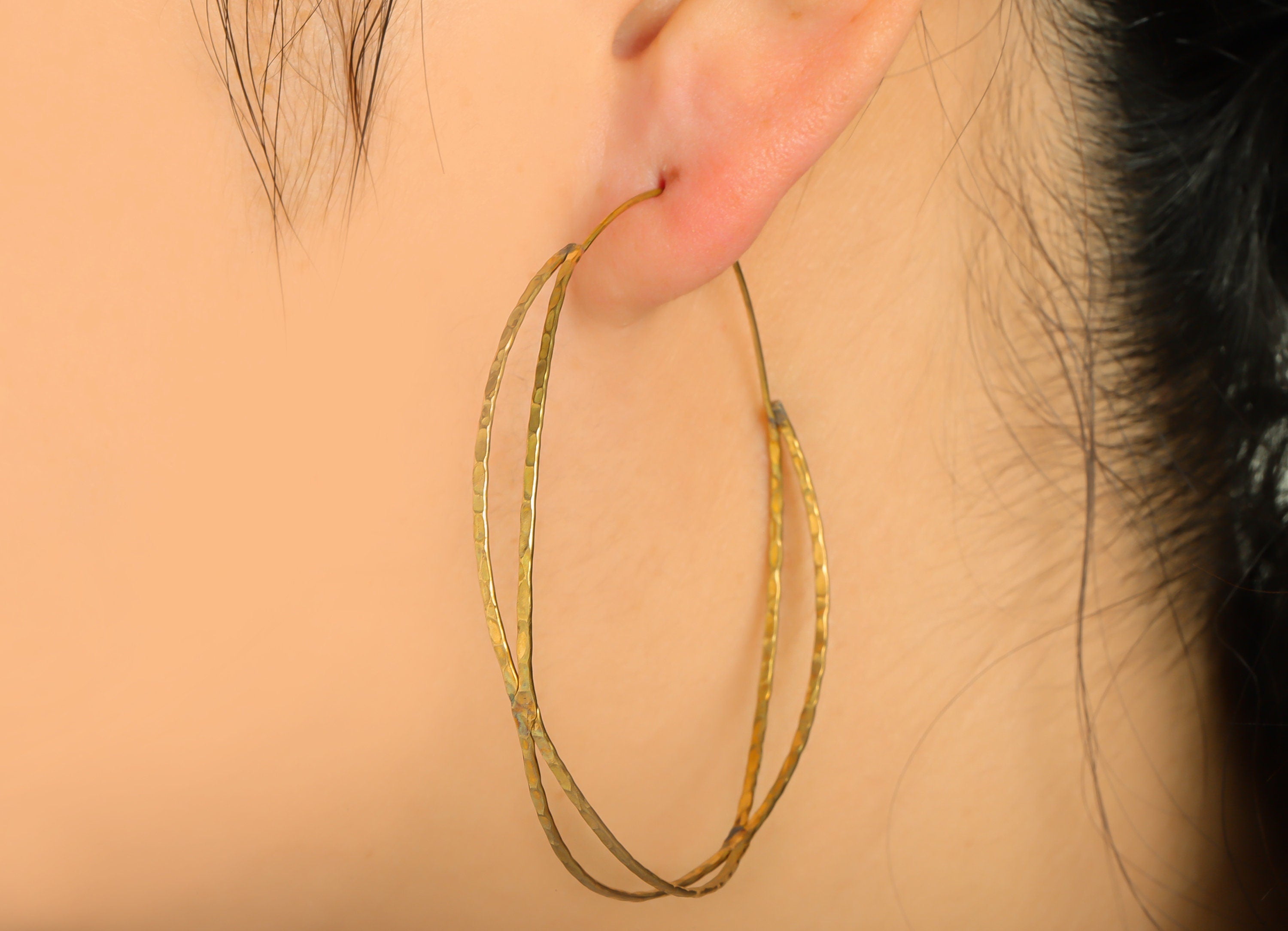 Hammered Wire Hoop Earring - Brass Round Cross Lock Earring - Brass Textured Hoop Earring - Hammered Hoop Earring - 62.45x60x0.8mm - PP9039 - DOMEDBAZAAR