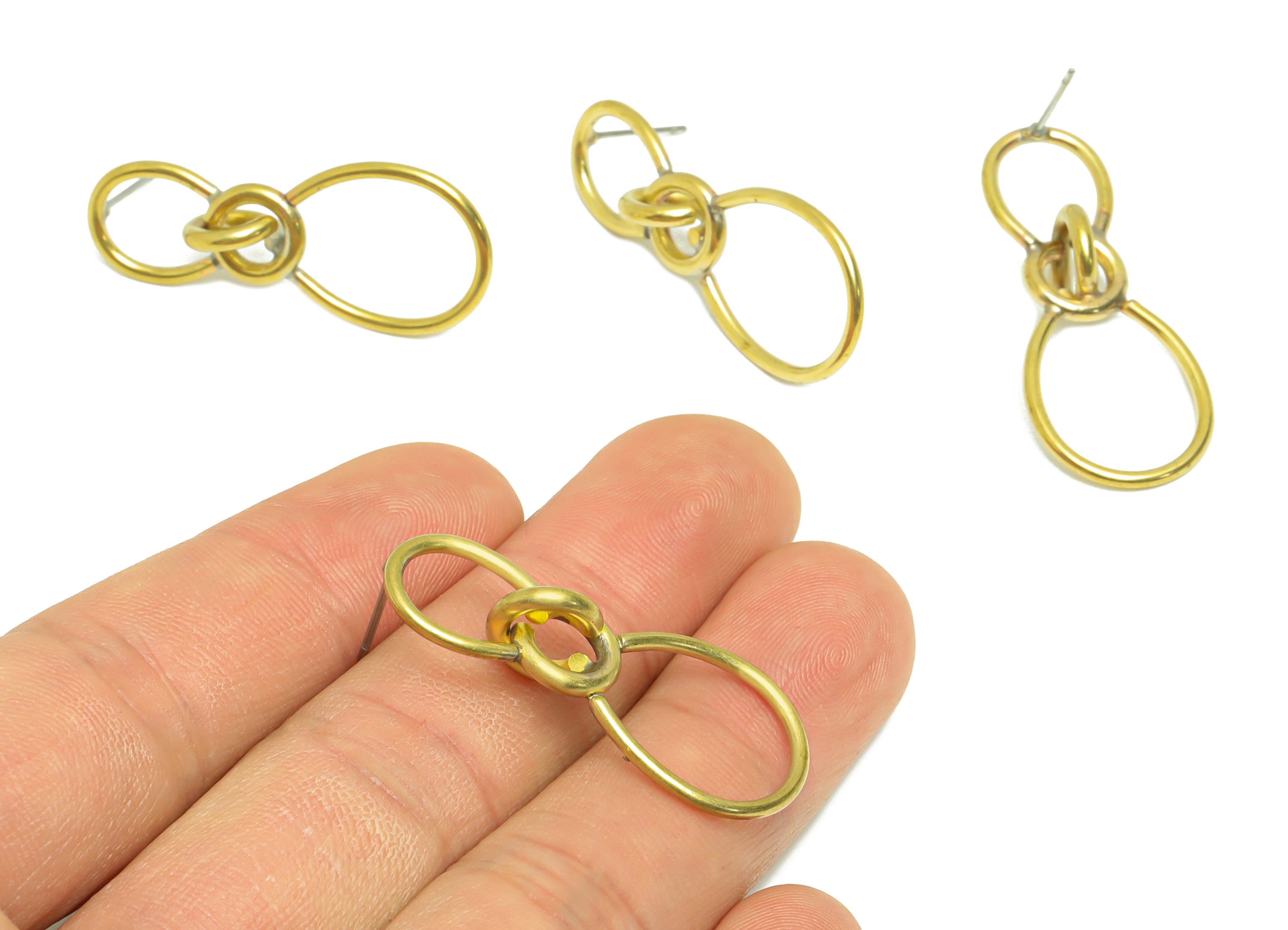 Interlocking Geometry Dangle Earring Post - Brass Rings Earring Stud - Raw Brass Earring Post - Brass Wire Earring Post - 37x15x1mm - PP9442 - DOMEDBAZAAR