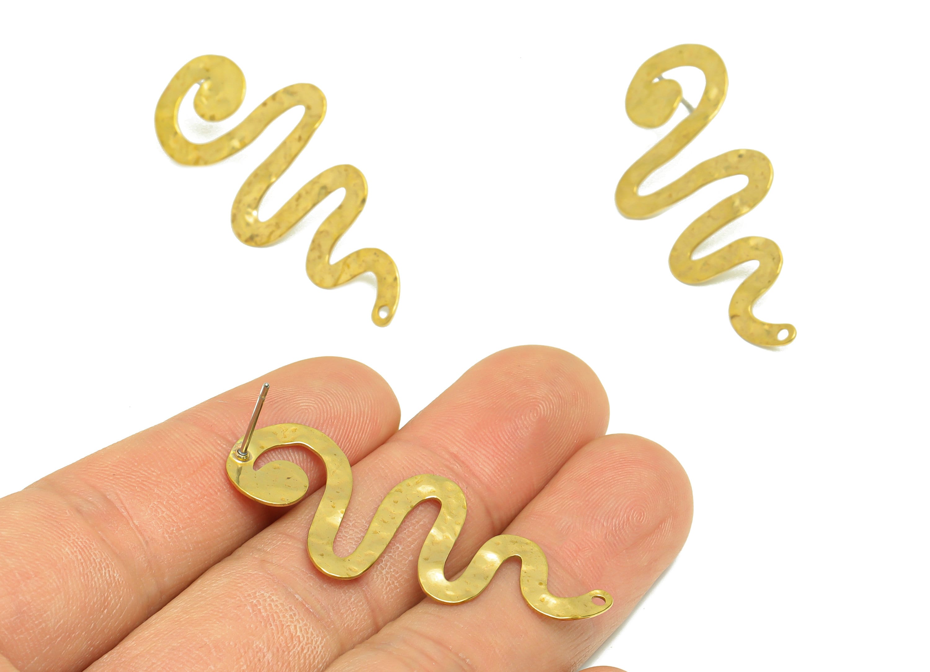 Brass Hammered Snake Earring Post - Brass Snake Earring Stud With Hole - Hammered Snake Earring Post - Textured Snake - 44x19x0.8mm - PP9377 - DOMEDBAZAAR