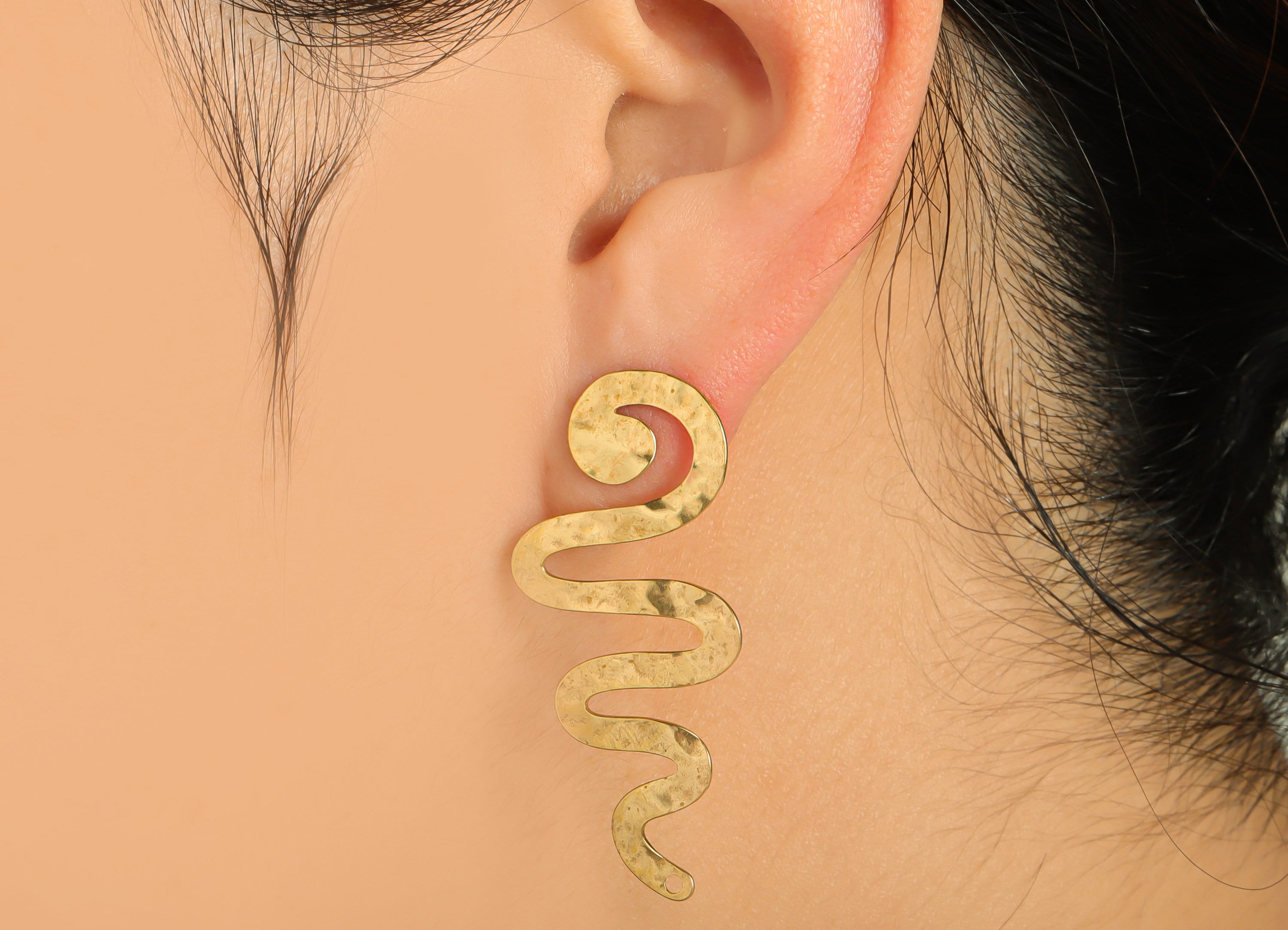 Brass Hammered Snake Earring Post - Brass Snake Earring Stud With Hole - Hammered Snake Earring Post - Textured Snake - 44x19x0.8mm - PP9377 - DOMEDBAZAAR