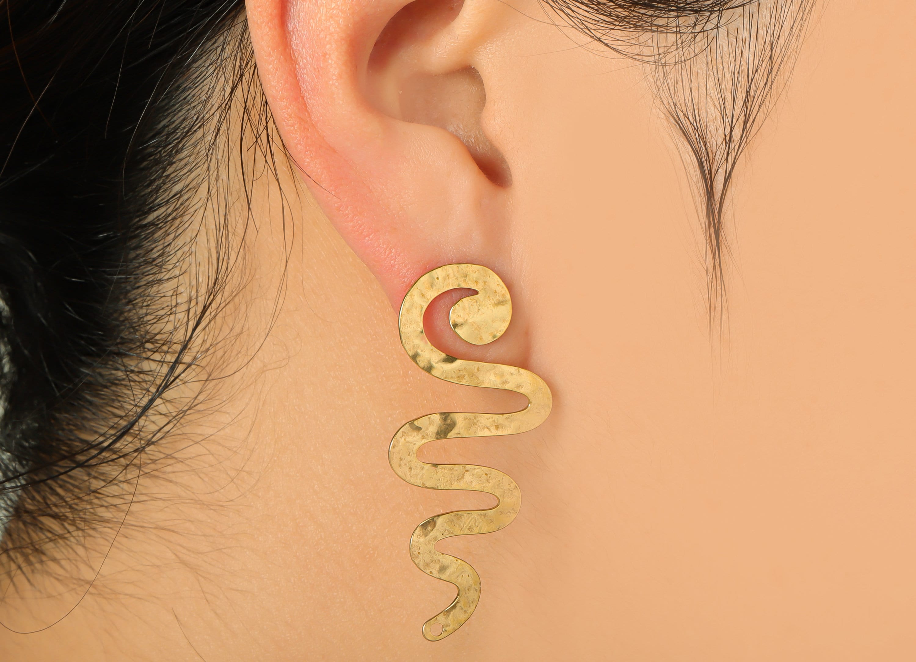 Brass Hammered Snake Earring Post - Brass Snake Earring Stud With Hole - Hammered Snake Earring Post - Textured Snake - 44x19x0.8mm - PP9377 - DOMEDBAZAAR