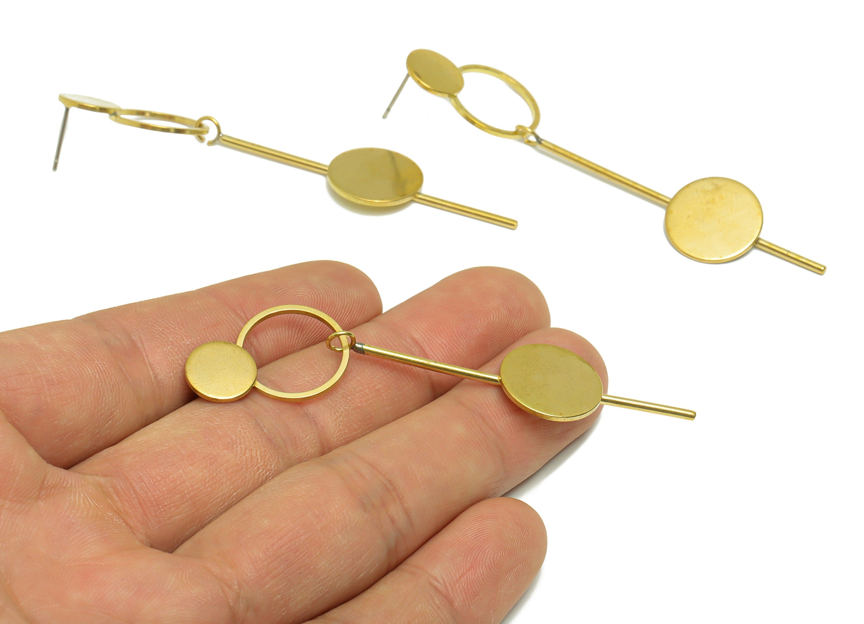 Brass Round Dangle Earring Post - Brass Double Circle Earring Stud - Brass Ring Wire Earring Post - Stick Earring Post - 70x15x16mm - PP9127 - DOMEDBAZAAR