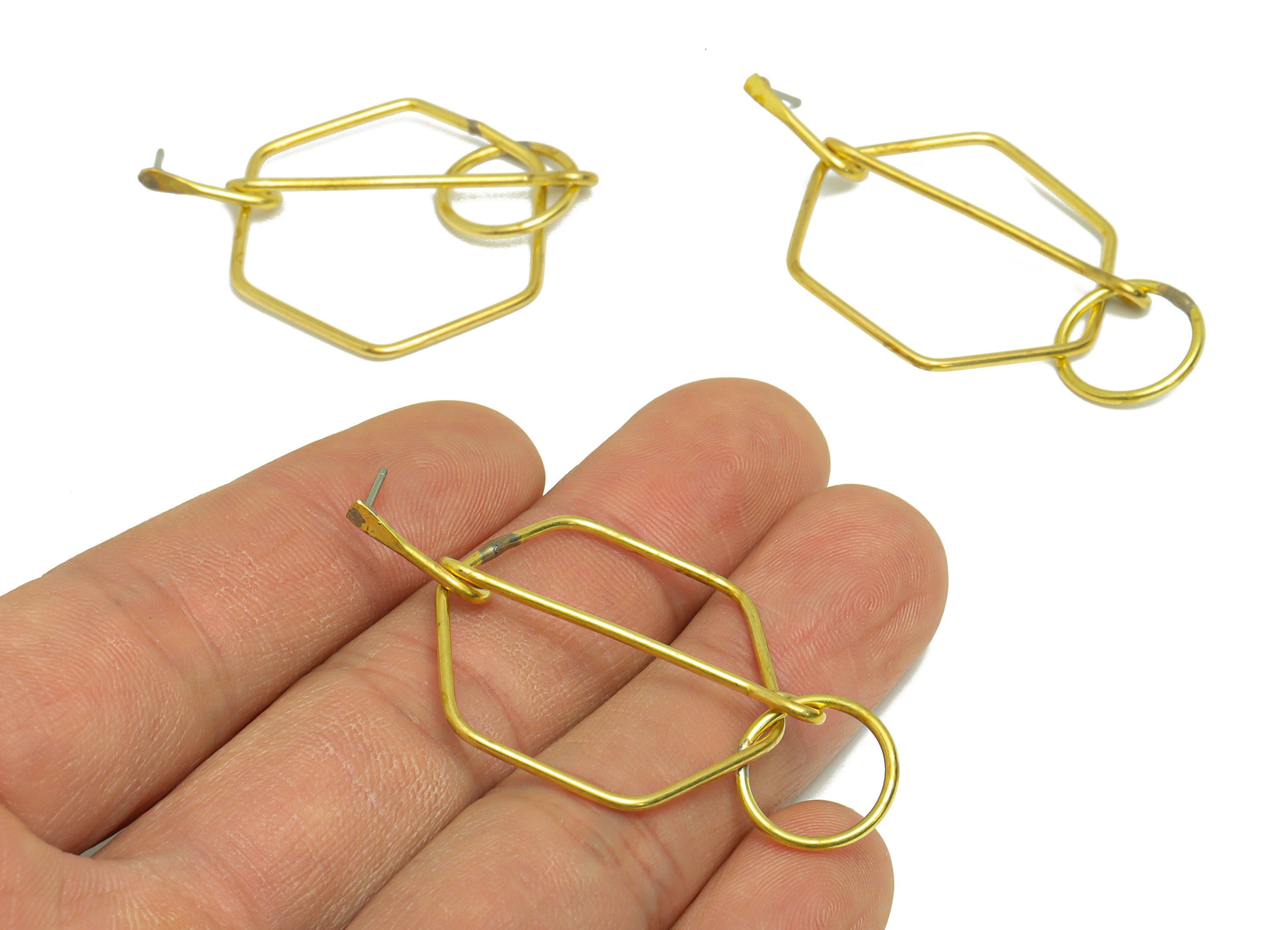 Brass Hexagon Dangle Wire Earring Post - Raw Brass Stick Earring Post - Hammered Knot Earring Post - Geometry Earring Post -49x29x1mm-PP9144 - DOMEDBAZAAR