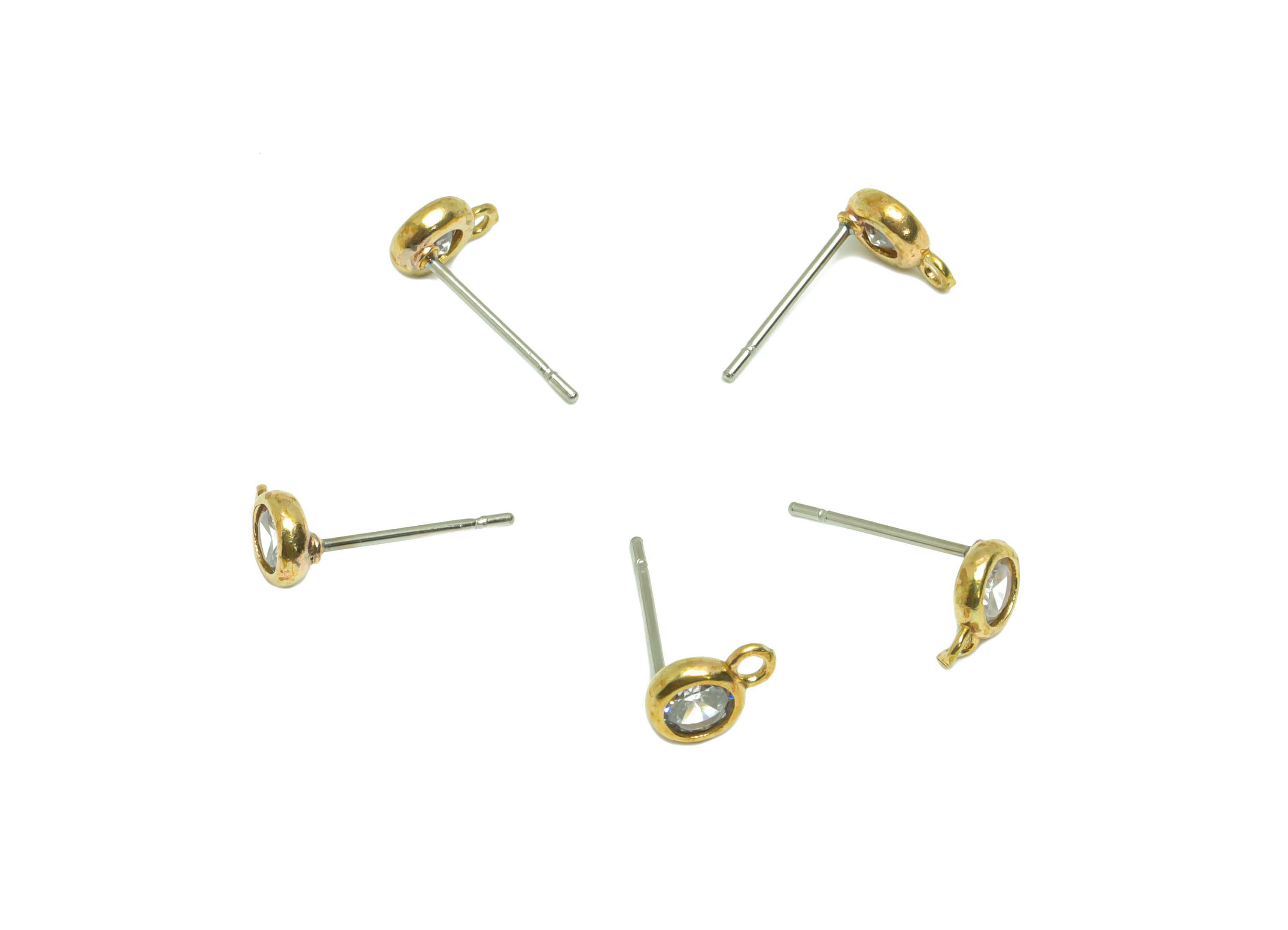 Brass Round Earring Post - Raw Brass Circle Zircon Earring Post - Mini Cubic Zircon Earring Post - Brass Post With Loop - 13x7x5mm - PP8977 - DOMEDBAZAAR