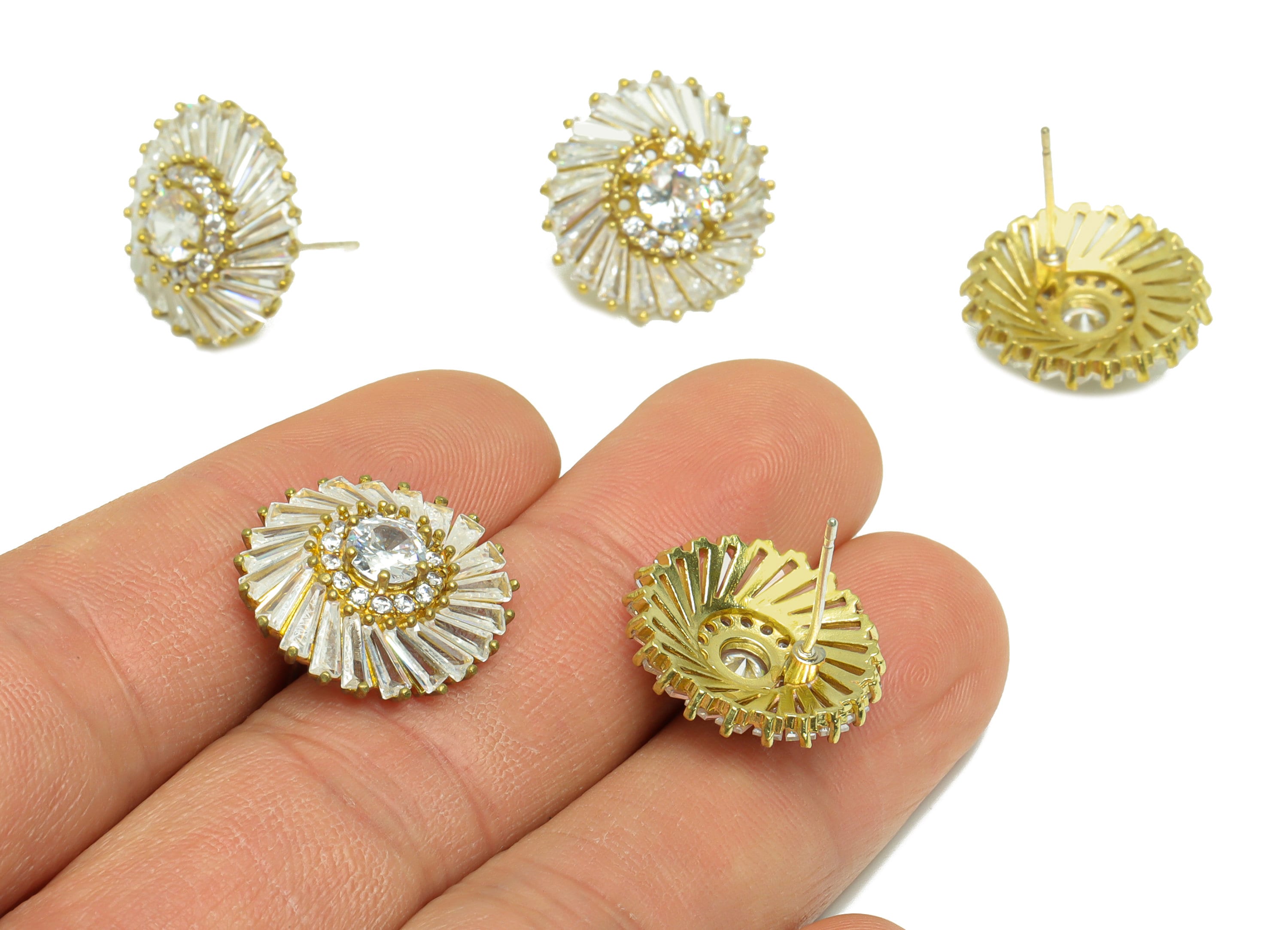 Brass CZ Flower Earring Post - Raw Brass Spiral Zircon Earring Post - Brass Cubic Zircon Earring Post - Flower Post - 18x18x6mm - PP8962 - DOMEDBAZAAR