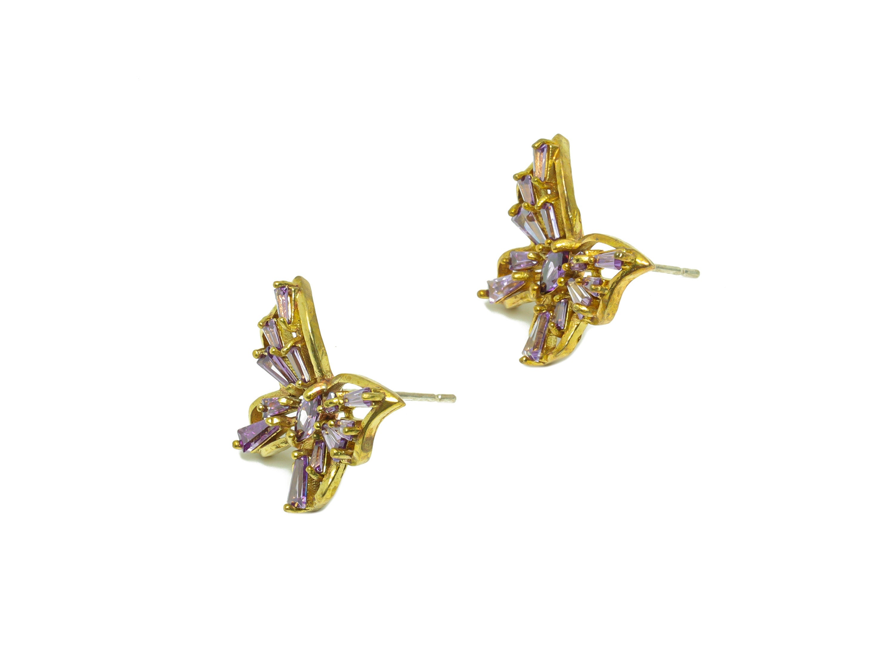 Brass Zircon Butterfly Earring Post - Raw Brass Purple Zircon Earring Post - Brass Cubic Zircon Earring Post - Zircon Post -15x14x3mm-PP8956 - DOMEDBAZAAR