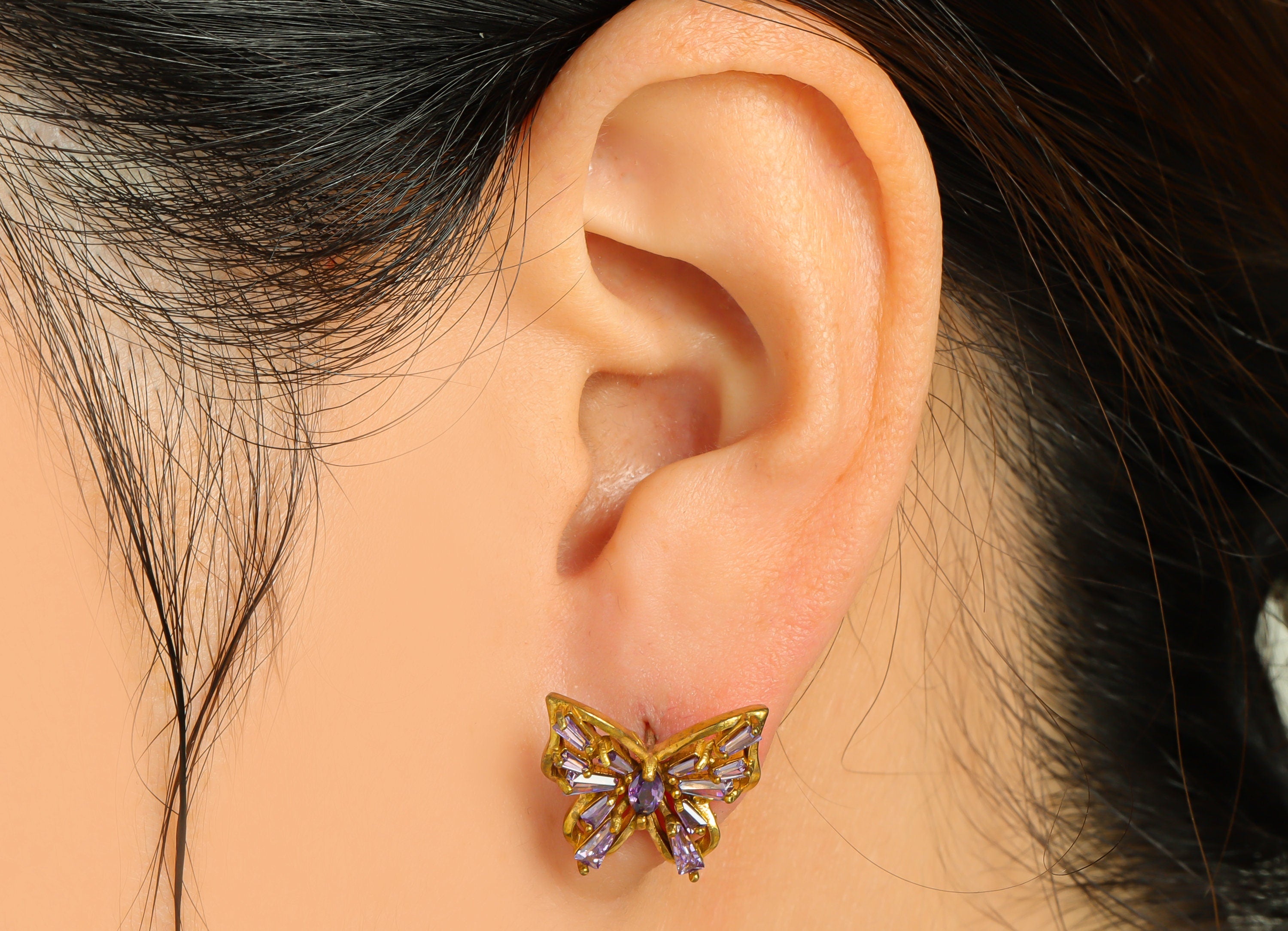 Brass Zircon Butterfly Earring Post - Raw Brass Purple Zircon Earring Post - Brass Cubic Zircon Earring Post - Zircon Post -15x14x3mm-PP8956 - DOMEDBAZAAR
