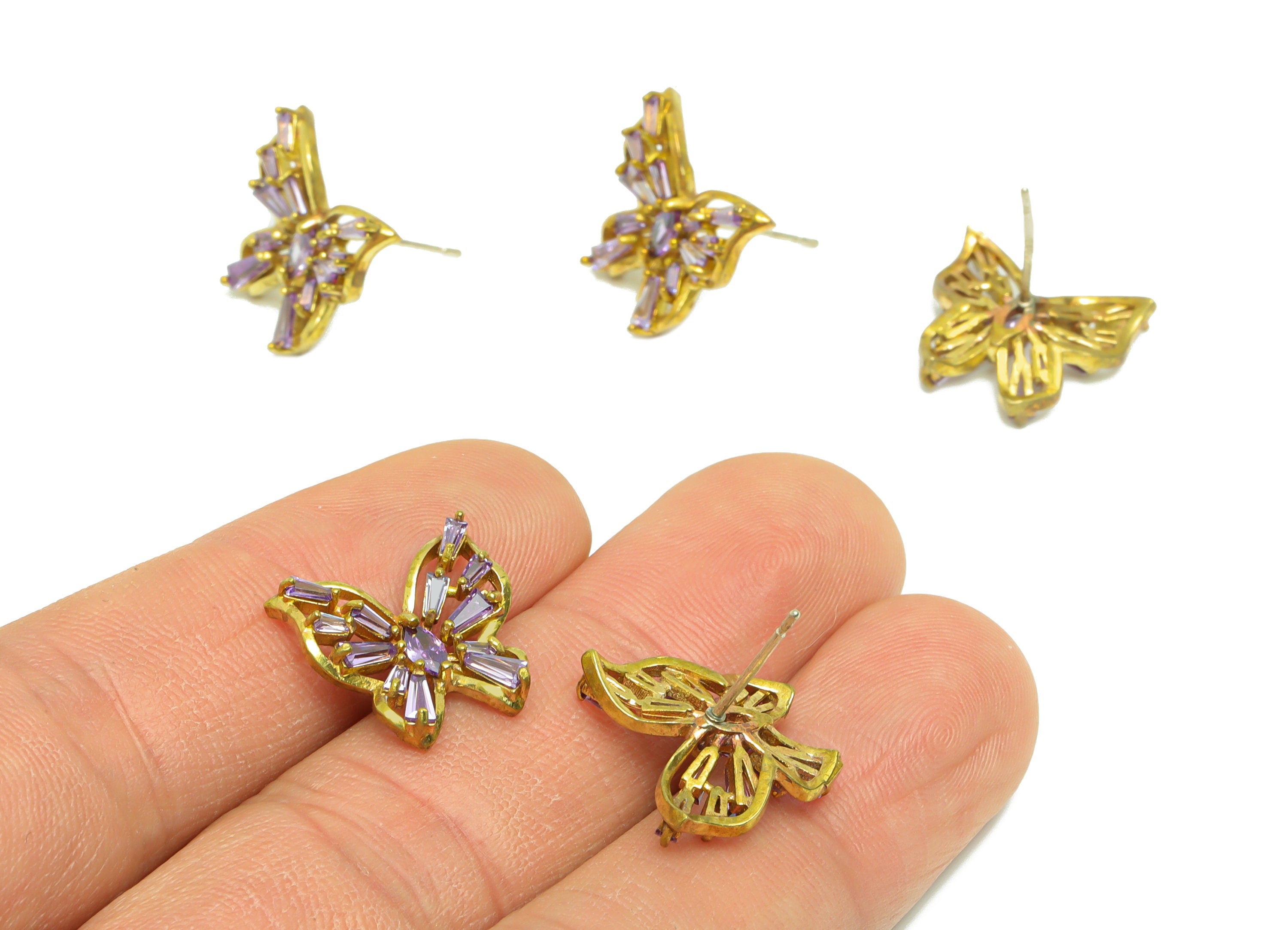 Brass Zircon Butterfly Earring Post - Raw Brass Purple Zircon Earring Post - Brass Cubic Zircon Earring Post - Zircon Post -15x14x3mm-PP8956 - DOMEDBAZAAR