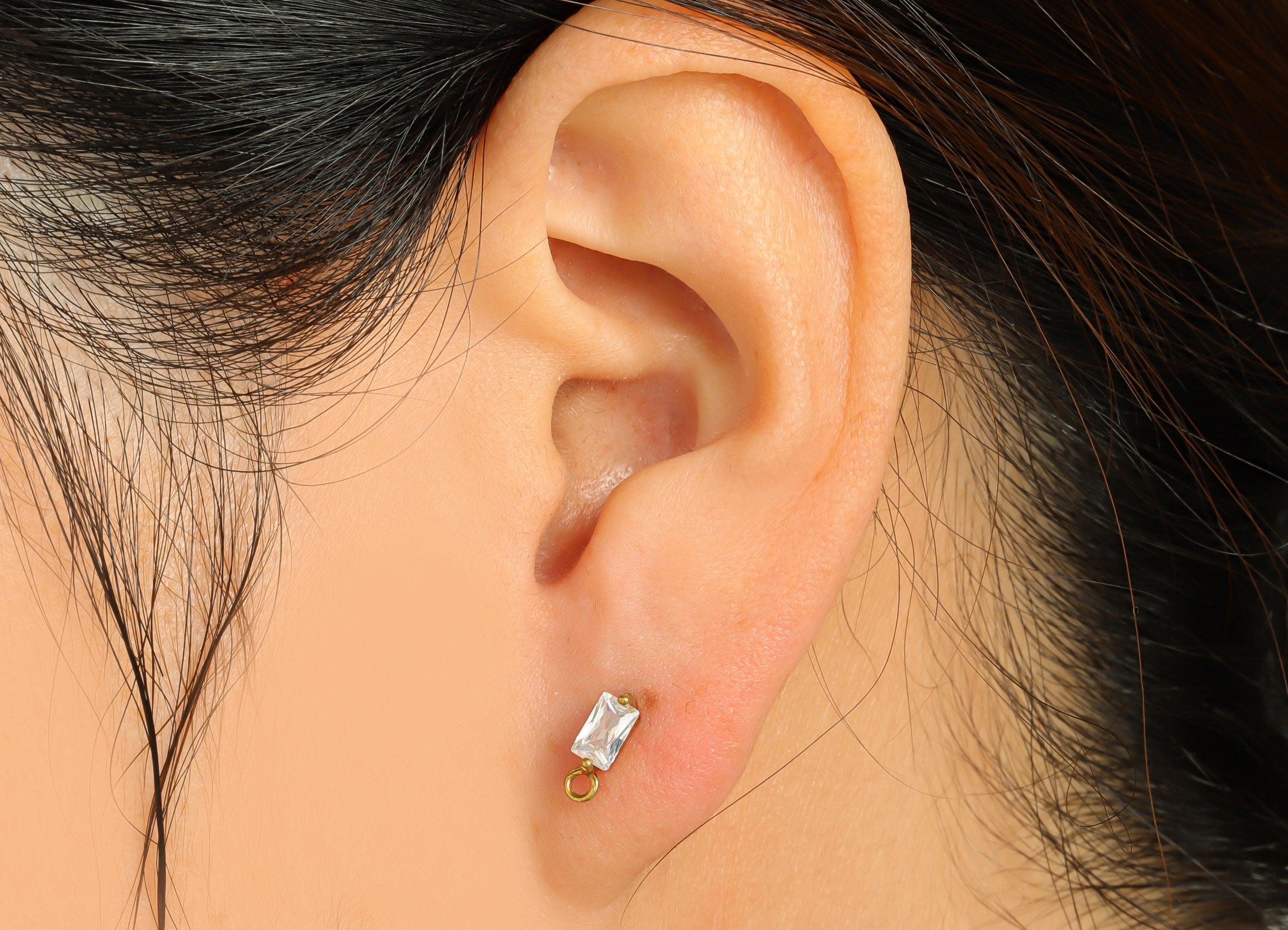 Brass Rectangle Earring Post - Raw Brass Geometry Zircon Earring Post - Brass Cubic Zircon Earring Post - Post With Loop - 15x8x3mm - PP8970 - DOMEDBAZAAR