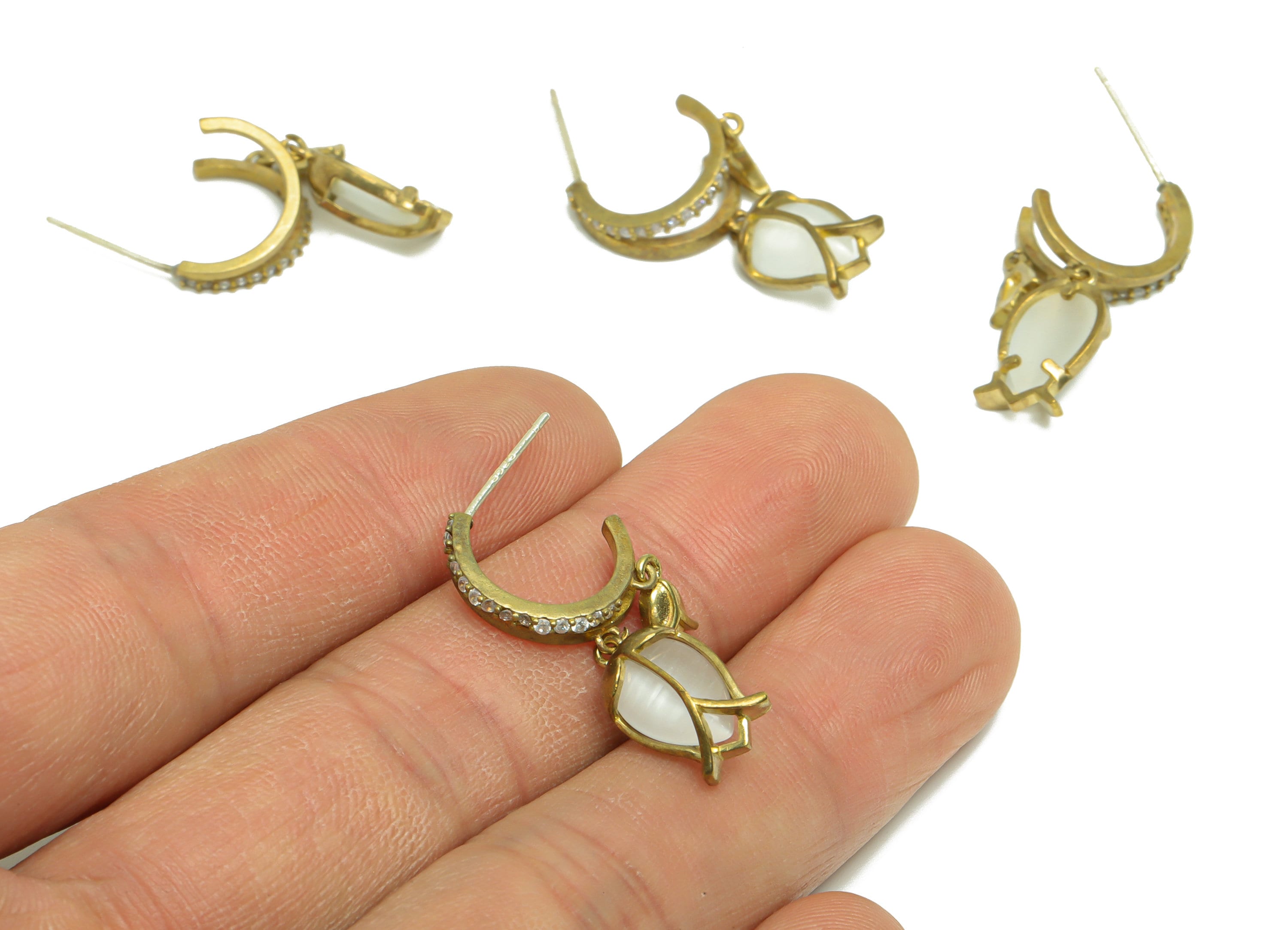 Brass Tulip Dangle C Hoop Earring Post - Raw Brass Tulip Zircon Earring Post - Brass Zircon Earring Post - Gemstone Post - 15x14x3mm -PP8959 - DOMEDBAZAAR