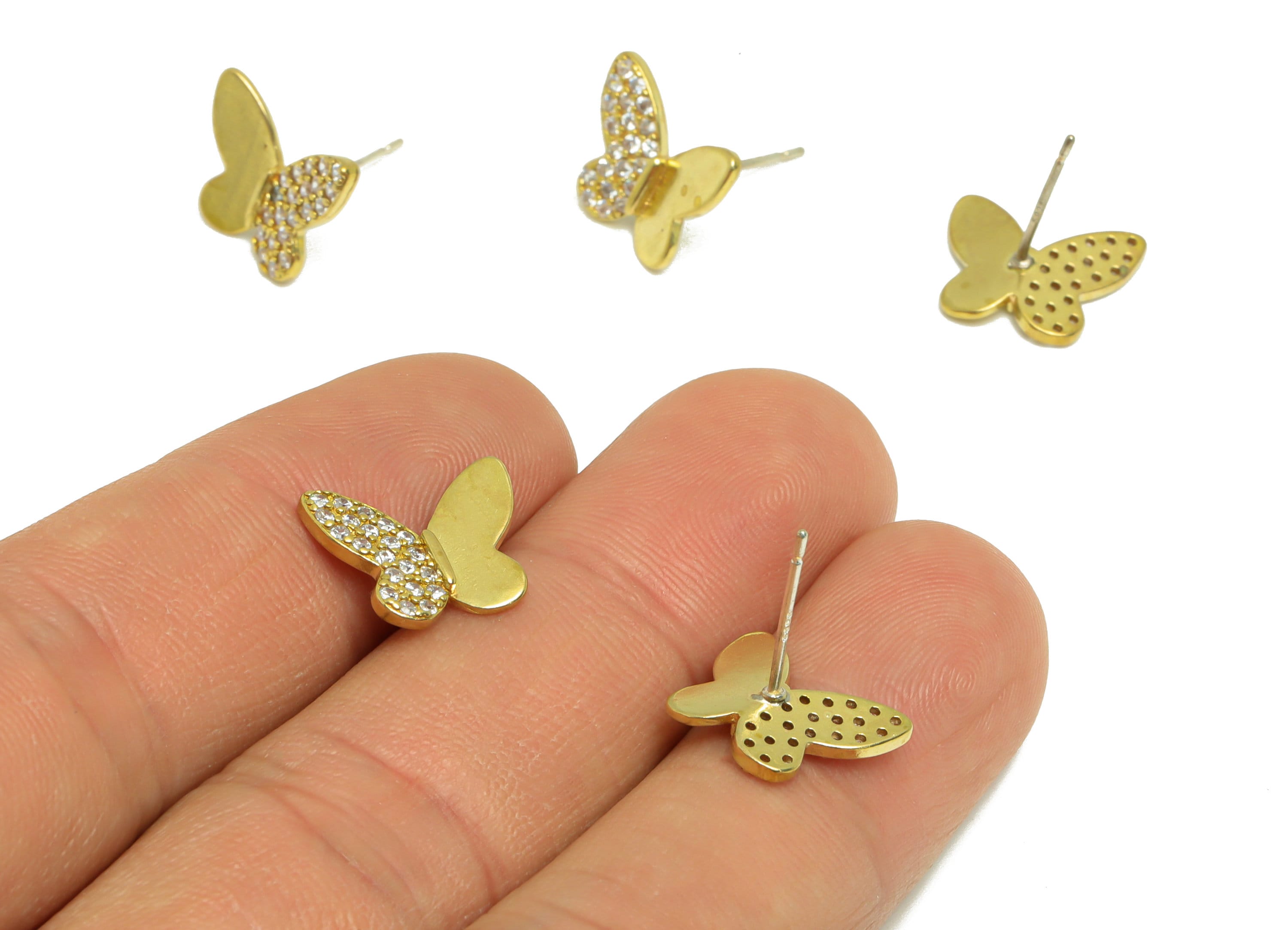 Brass Butterfly Earring Post - Raw Brass Inset Zircon Earring Post - Brass Animal Zircon Earring Post - Butterfly Post - 13x11x1mm - PP8963 - DOMEDBAZAAR
