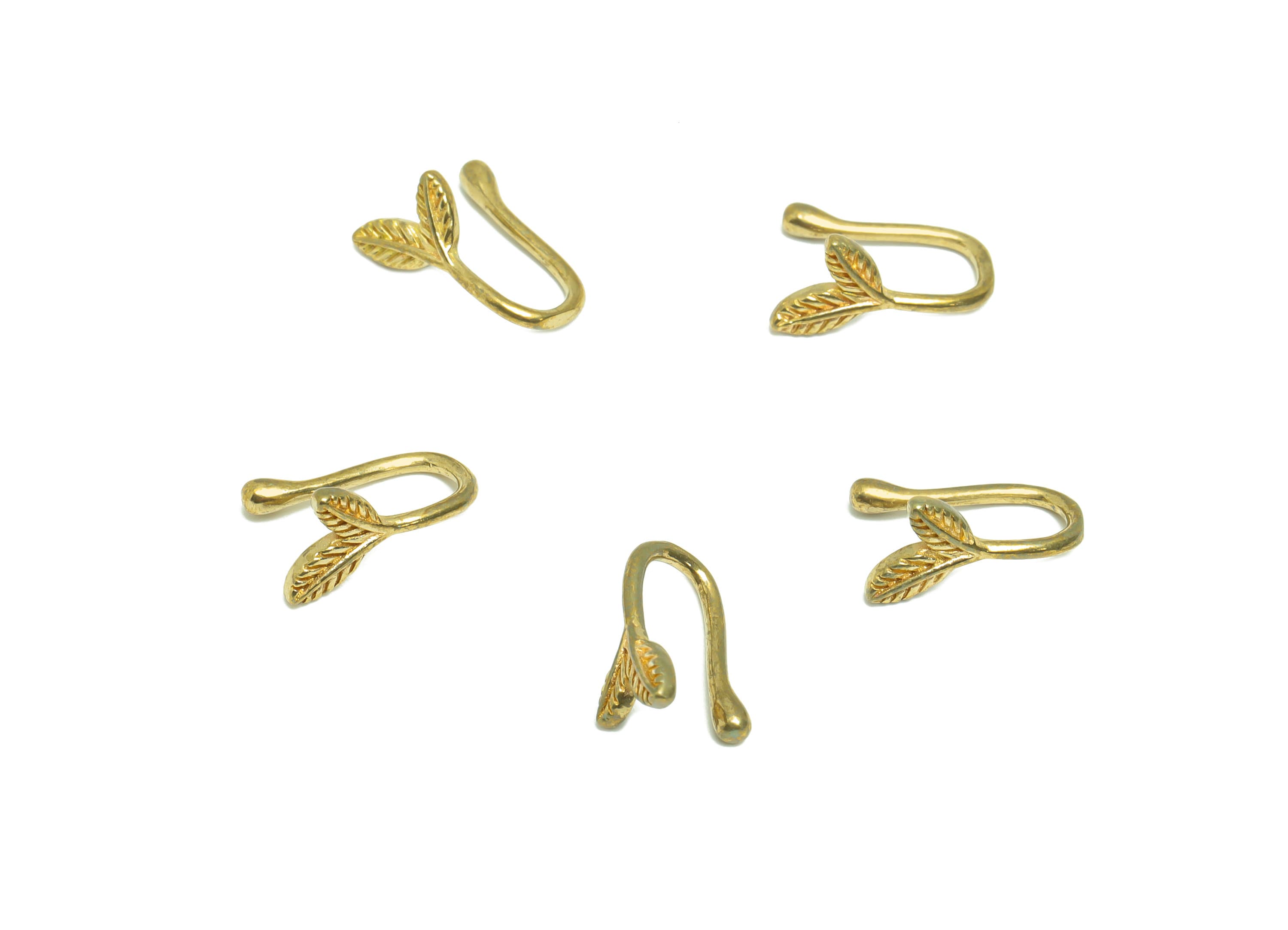 Brass Cuff Leaf Earring - Raw Brass 2 Leaf Wire Hook Earring - Brass Ear Cuff Earring - Botanical Cuff Hook Wire Earring - 12x6x5mm - PP8988 - DOMEDBAZAAR