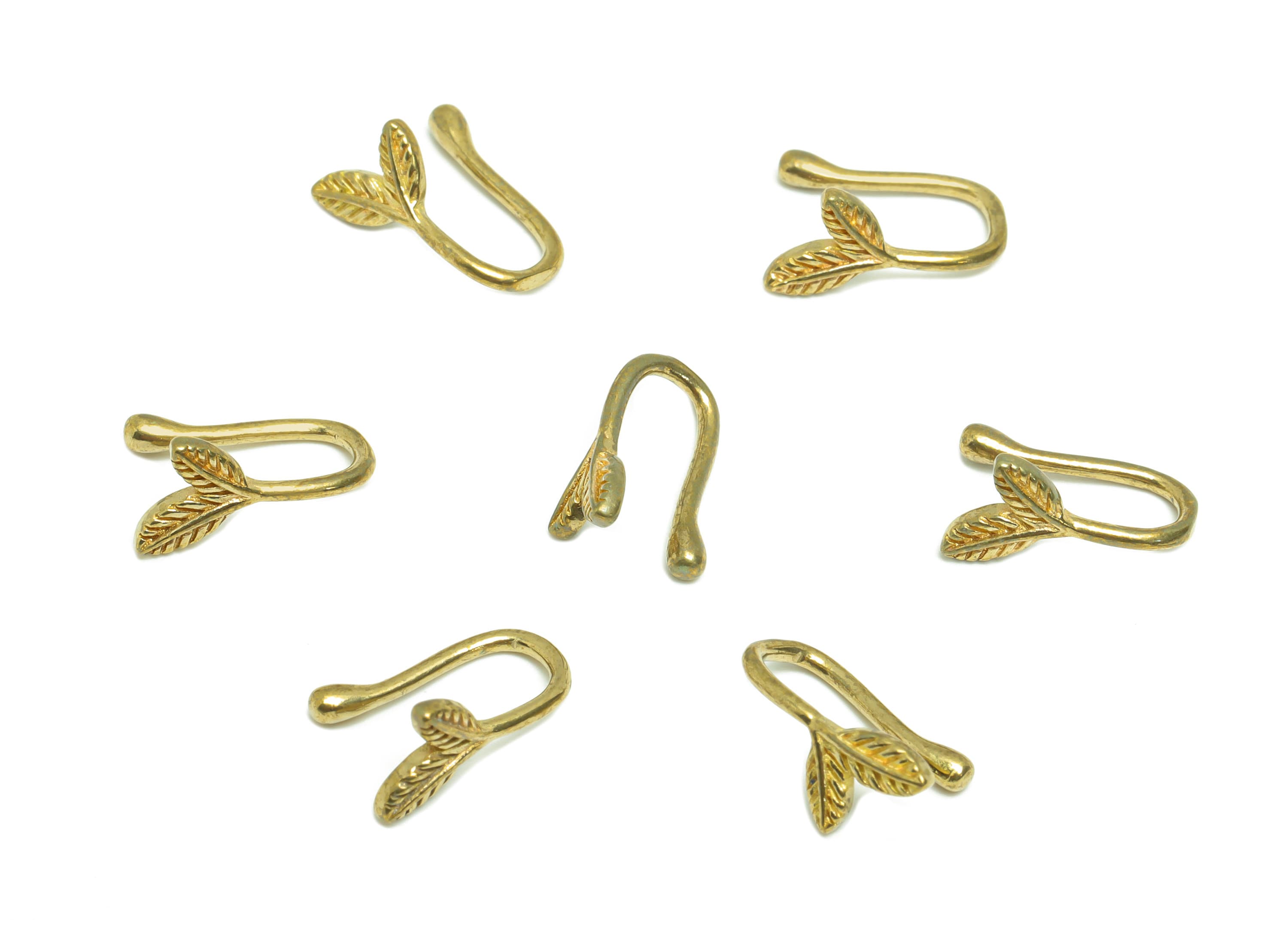 Brass Cuff Leaf Earring - Raw Brass 2 Leaf Wire Hook Earring - Brass Ear Cuff Earring - Botanical Cuff Hook Wire Earring - 12x6x5mm - PP8988 - DOMEDBAZAAR