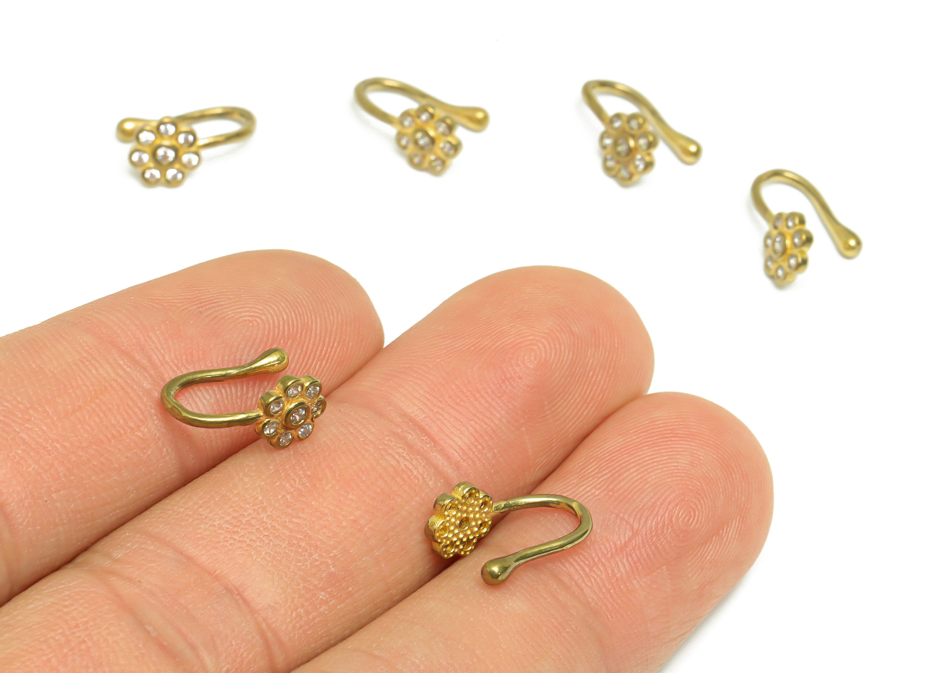 Brass Cuff Zircon Earring - Raw Brass Flower Wire Hook Earring - Brass Zircon Nose Clip - Flower Cuff Hook Wire Earring - 11x6x6.1mm- PP8985 - DOMEDBAZAAR