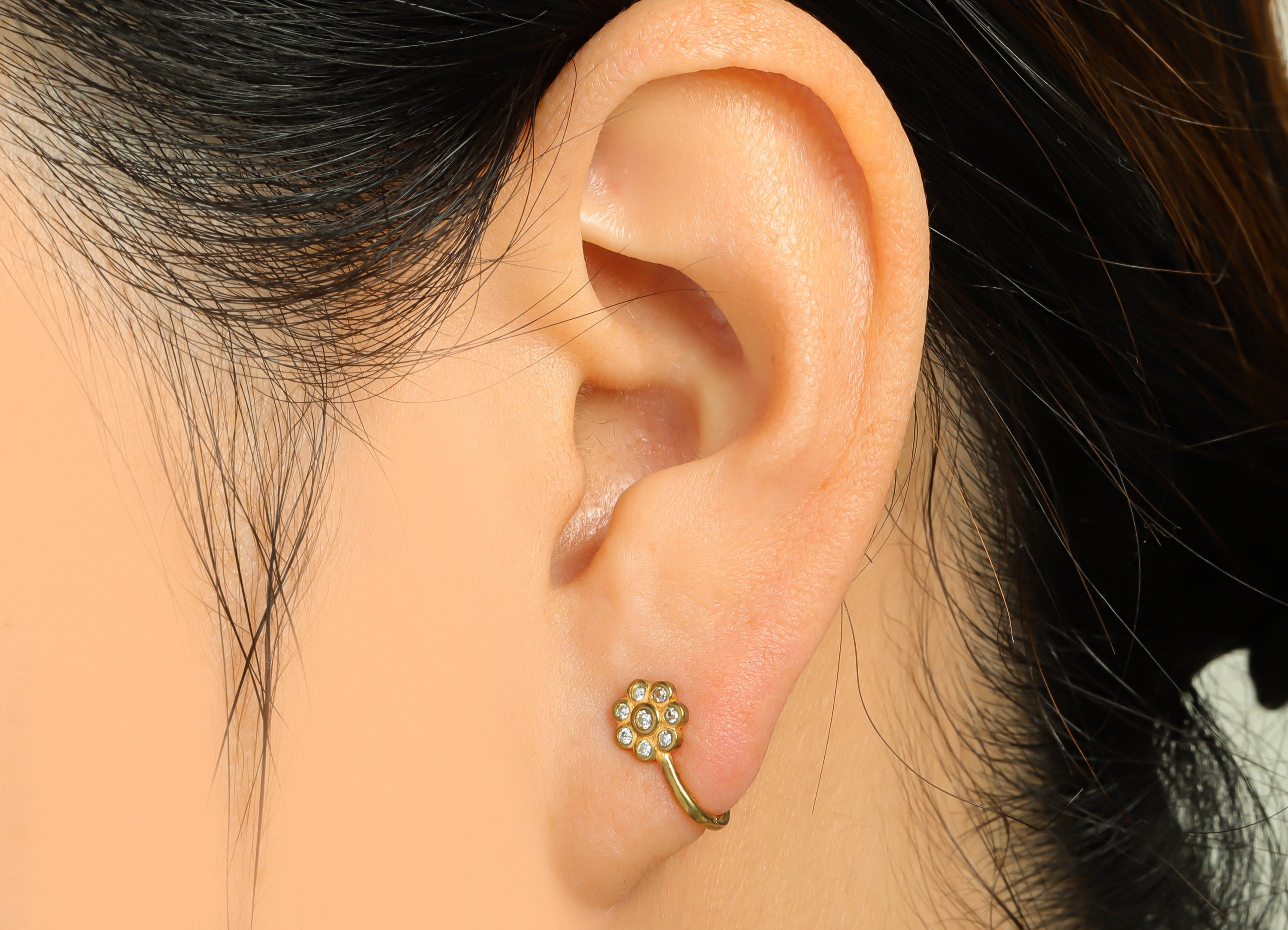Brass Cuff Zircon Earring - Raw Brass Flower Wire Hook Earring - Brass Zircon Nose Clip - Flower Cuff Hook Wire Earring - 11x6x6.1mm- PP8985 - DOMEDBAZAAR