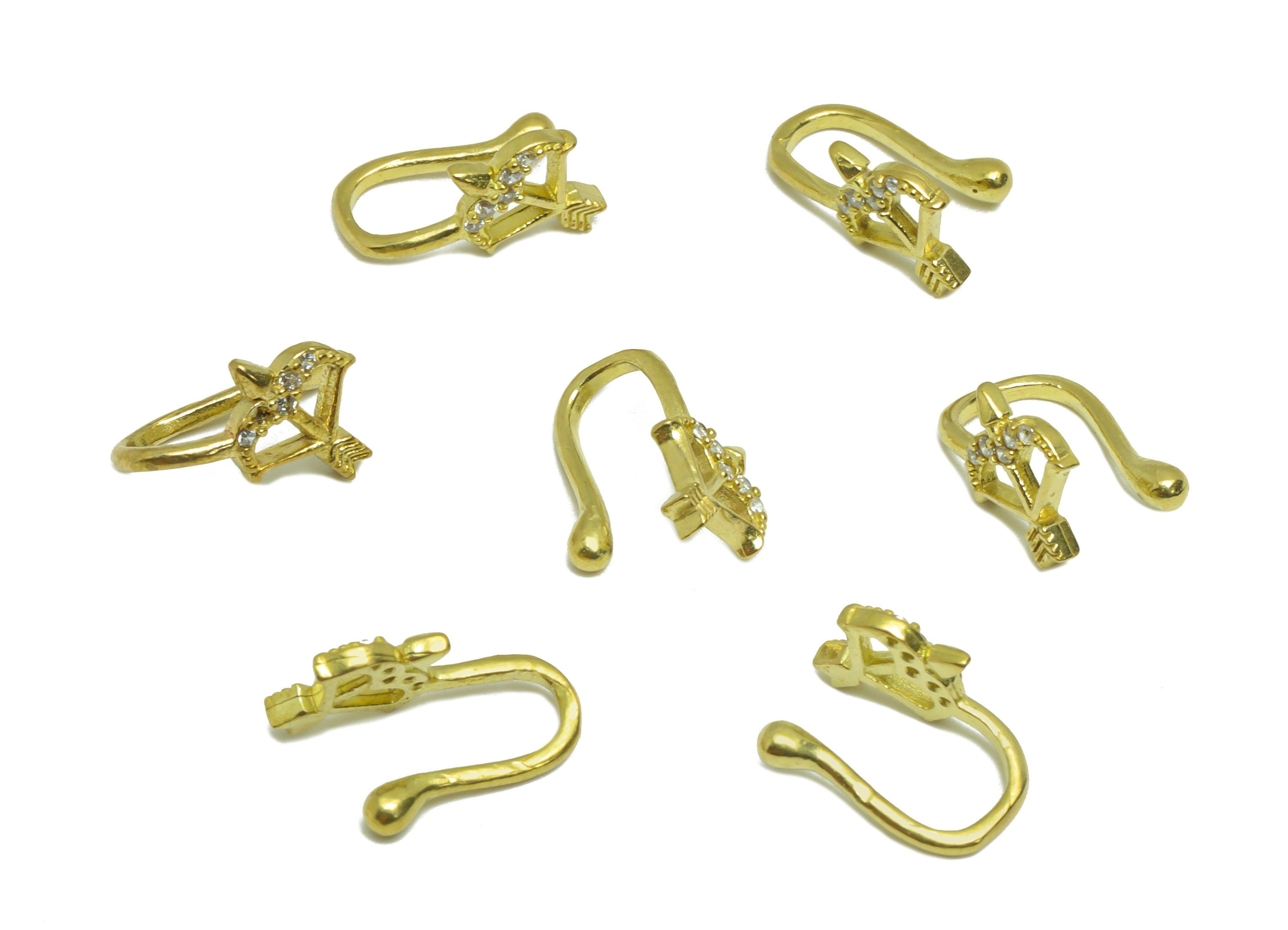 Brass Cuff Zircon Earring - Raw Brass Bow Arrow Wire Hook Earring - Cupid's Arrow Nose Clip - Cuff Hook Wire Earring -12x6.2x6mm- PP8983 - DOMEDBAZAAR