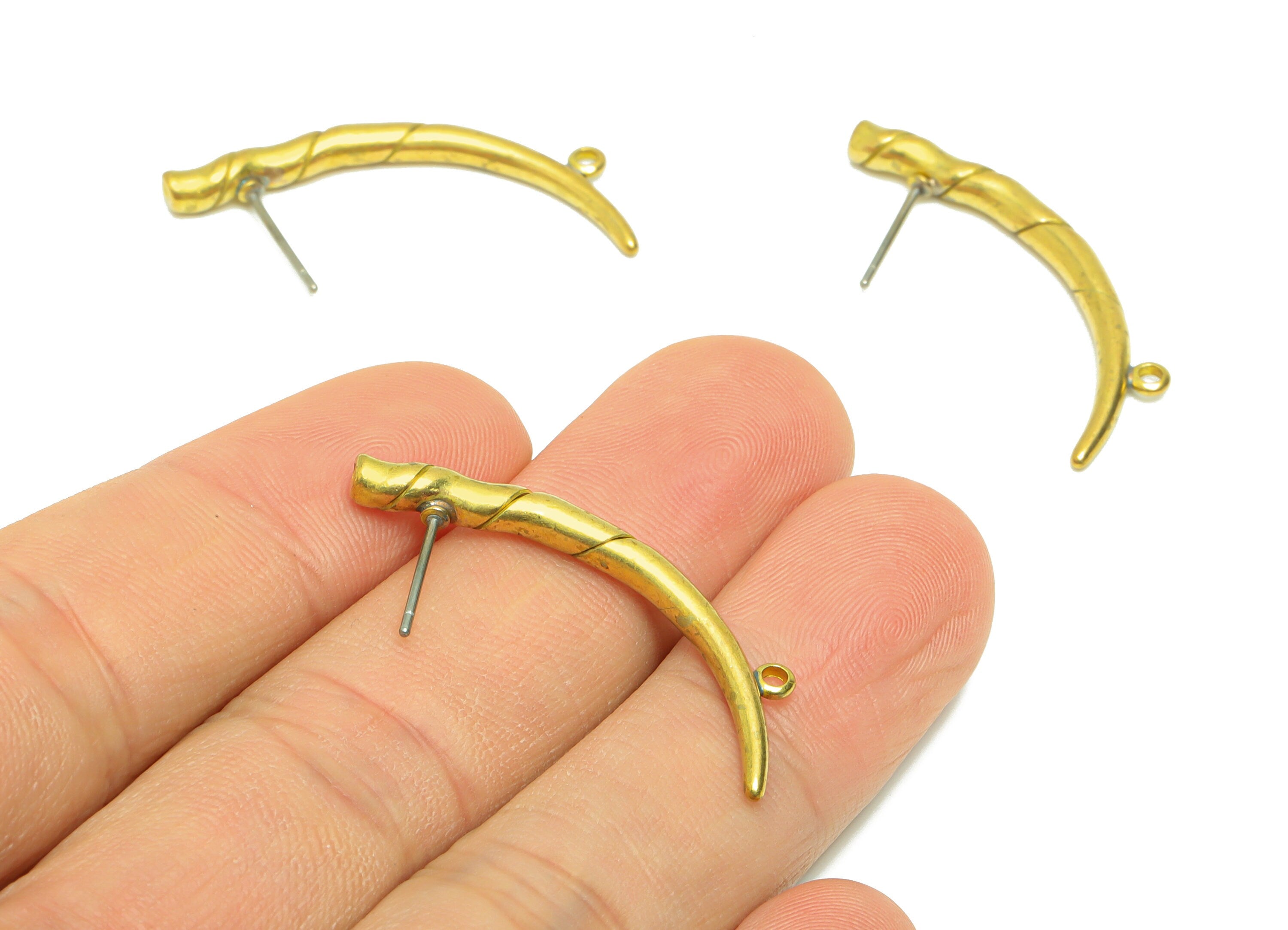 Brass Horns Earring Post - Brass Horns Earring Stud - Brass Stick Bent Earring Post With Loop - Horns Earring Post - 35.1x15.4x3.2mm- PP9035 - DOMEDBAZAAR