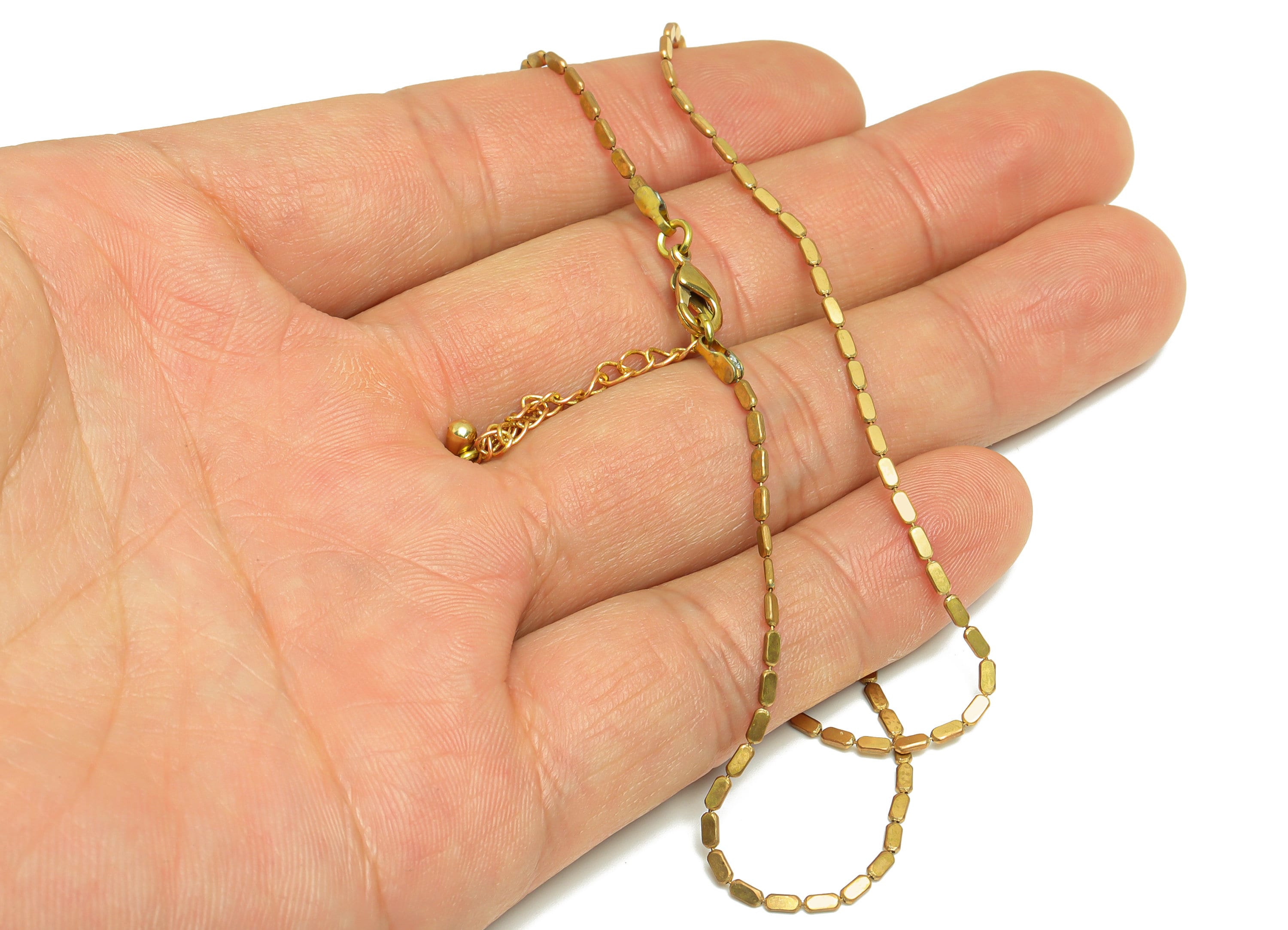 3.2x1.5mm Beaded Finished Chain - 42.5+6 3.2x1.5mm Flat Rectangular Bead Chain - Raw Brass Beaded Necklace - Brass Necklace -CC1259 - DOMEDBAZAAR