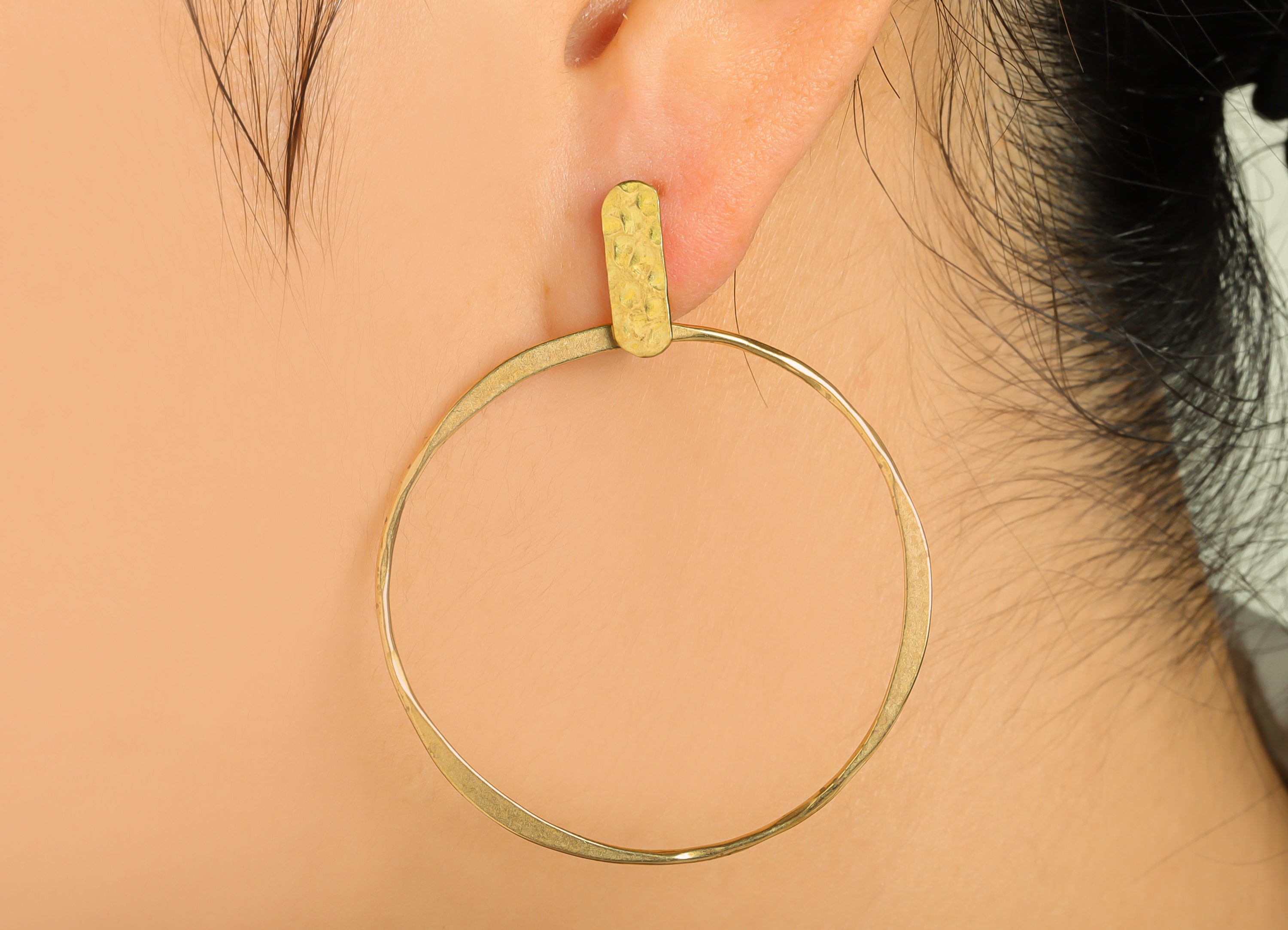 Hammered Dangle Hoop Earring Post - Hammered Rectangle Earring Stud - Brass Circle Dangle Earring Post - Earring Post - 42x42x1mm- PP9082 - DOMEDBAZAAR