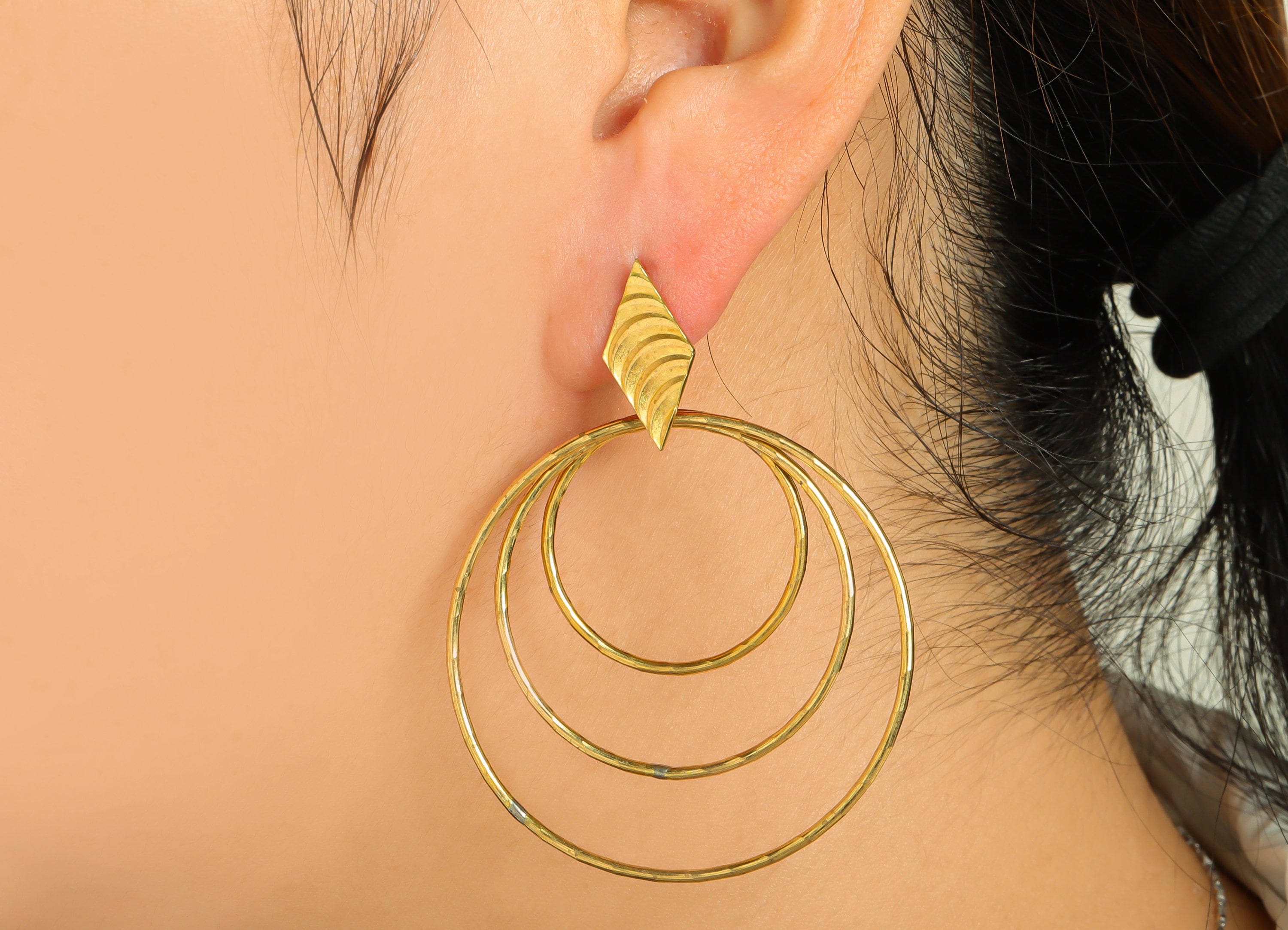 Brass Hoops Dangle Earring Post - Brass Textured Rhombic Earring Stud - Brass Diamond Earring Post - Circle Earring Post - 59x44x1mm- PP9084 - DOMEDBAZAAR