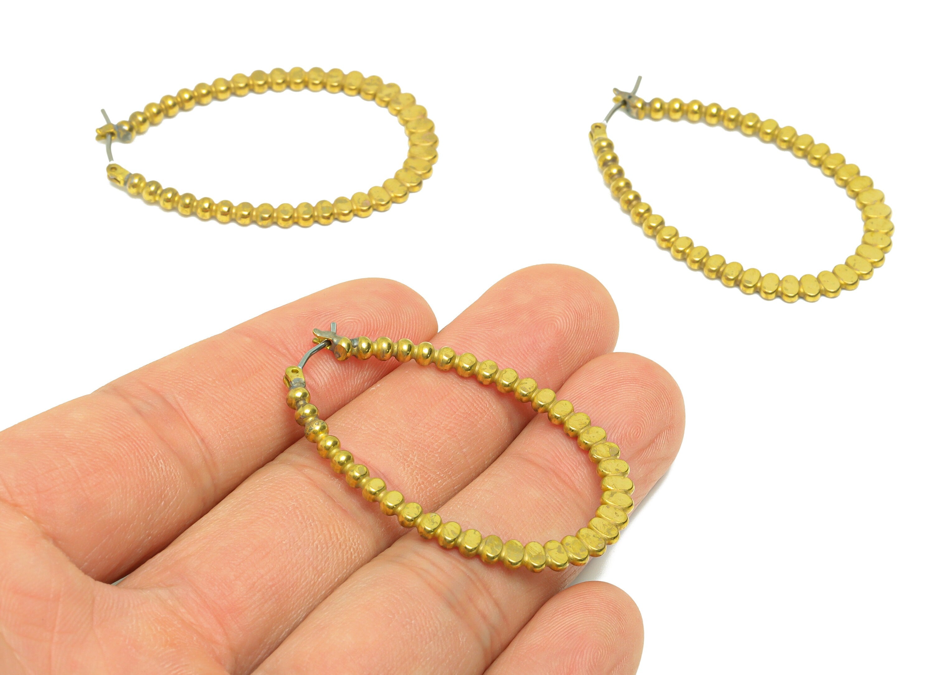 Drop Hoop Hinged Back Earring - Brass Oval Hammered Earring - Brass Beaded Hinged Back Earring - Hoop Clasp Earring - 45x29x2.97mm - PP9067 - DOMEDBAZAAR