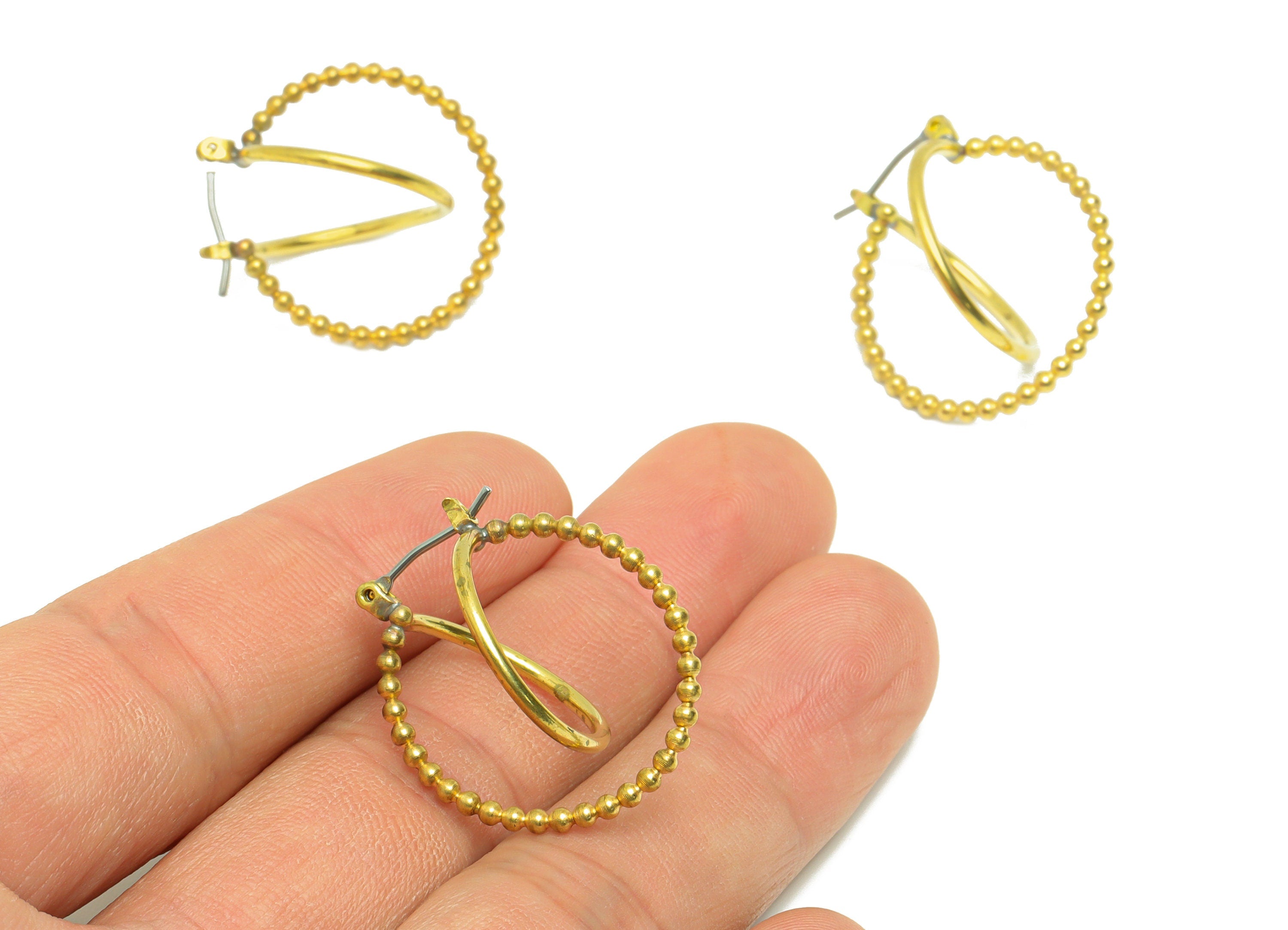 Beads Hinged Back Hoop Earring - Brass Round Earring - Brass Beaded Hinged Back Earring - Circle Hoop Clasp Earring - 27x34x1mm - PP9018 - DOMEDBAZAAR