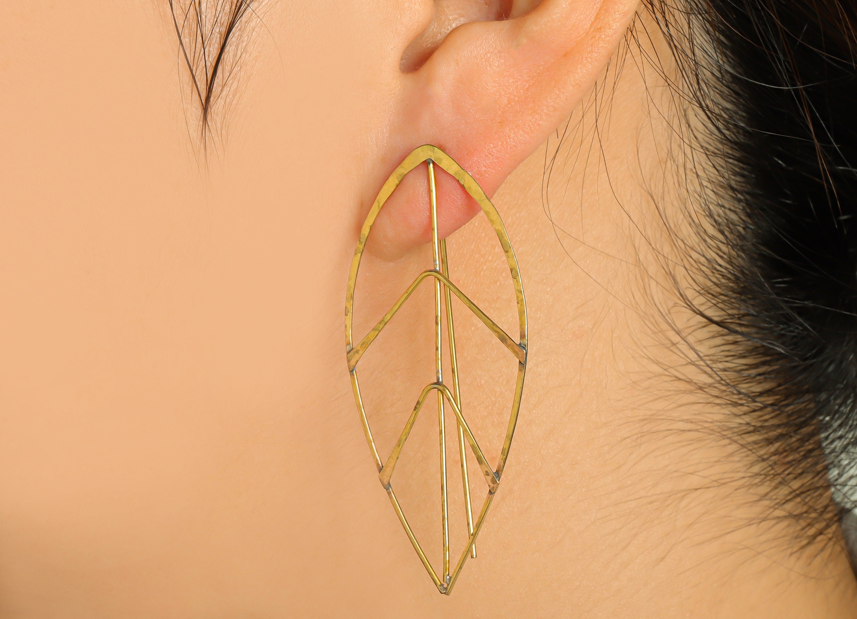 Leaf Hook Earring Wire - Brass Hammered Earring Wire - Nervure Wire Hook Earring - Botanical Wire Hook Earring - 56x25x0.44mm- PP9033 - DOMEDBAZAAR