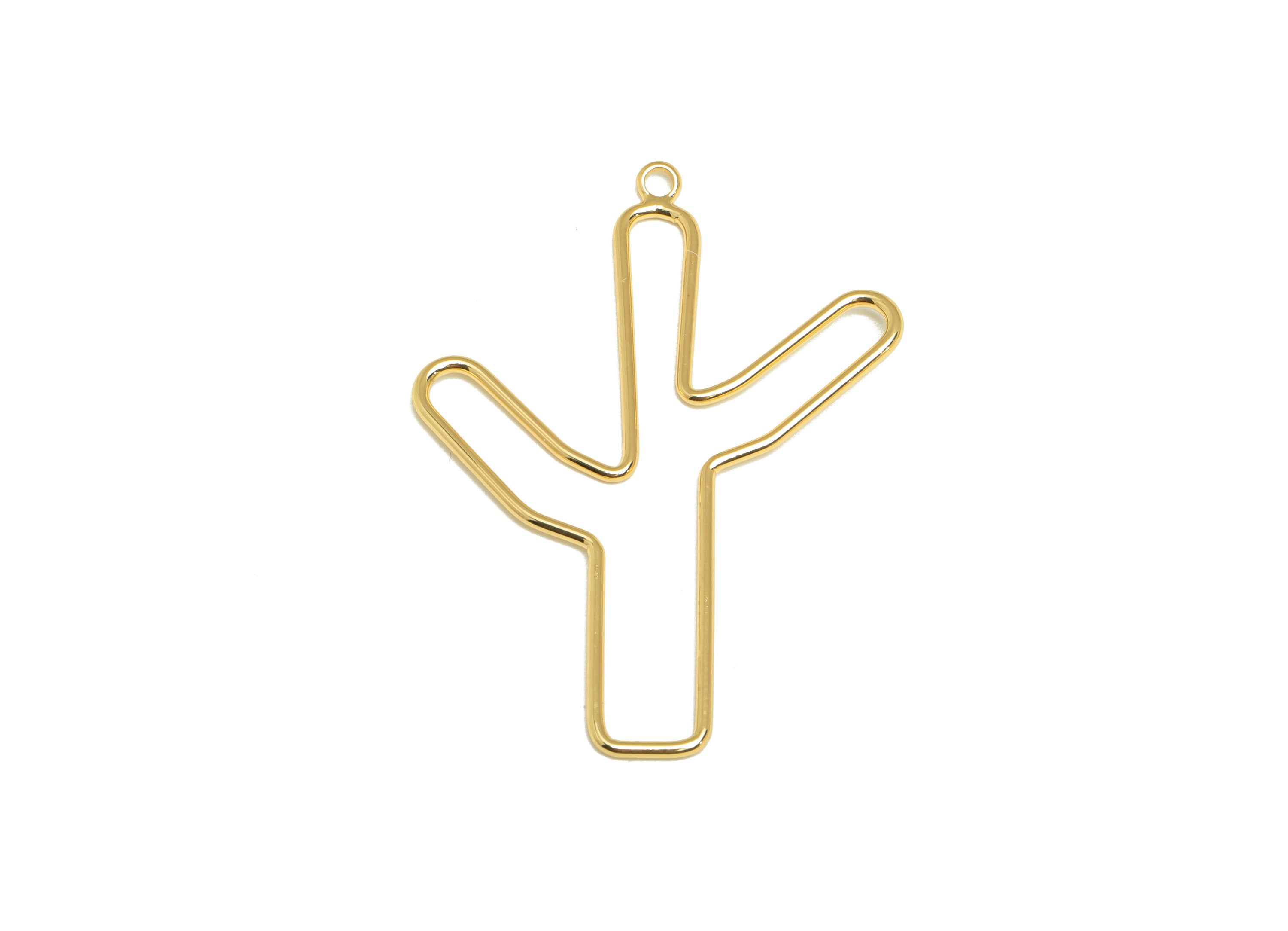 Brass Cactus Wire Earring Charm - Brass line Cactus Charm - Brass Botanical Earring Charm - 18K Real Gold Plated - 44x32.06x1.18mm - RGP7061 - DOMEDBAZAAR