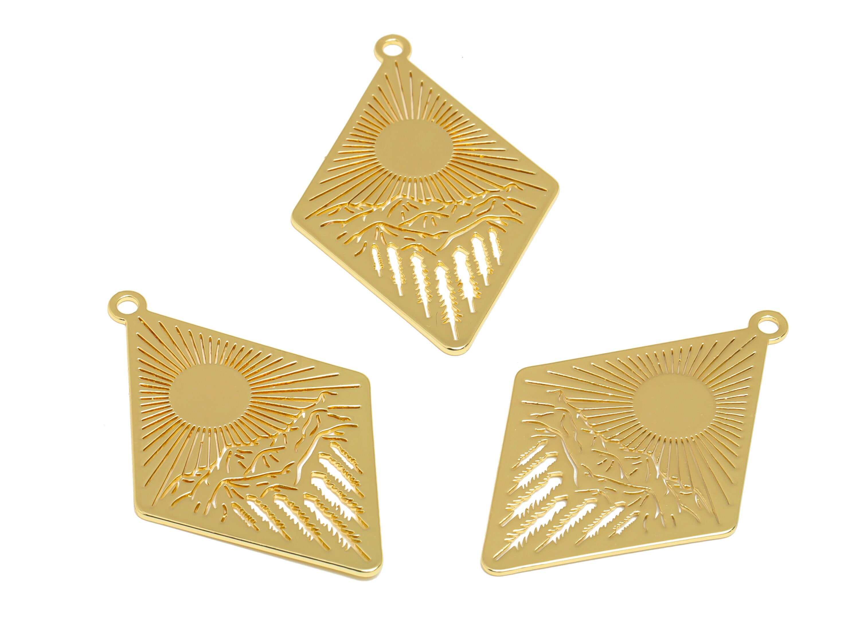 Brass Sun Rhombic Mountain Landscape Earring Charms - Brass Trees Diamond Pendant - 18K Real Gold Plating - 42.11x26.97x0.74mm - RGP7065 - DOMEDBAZAAR
