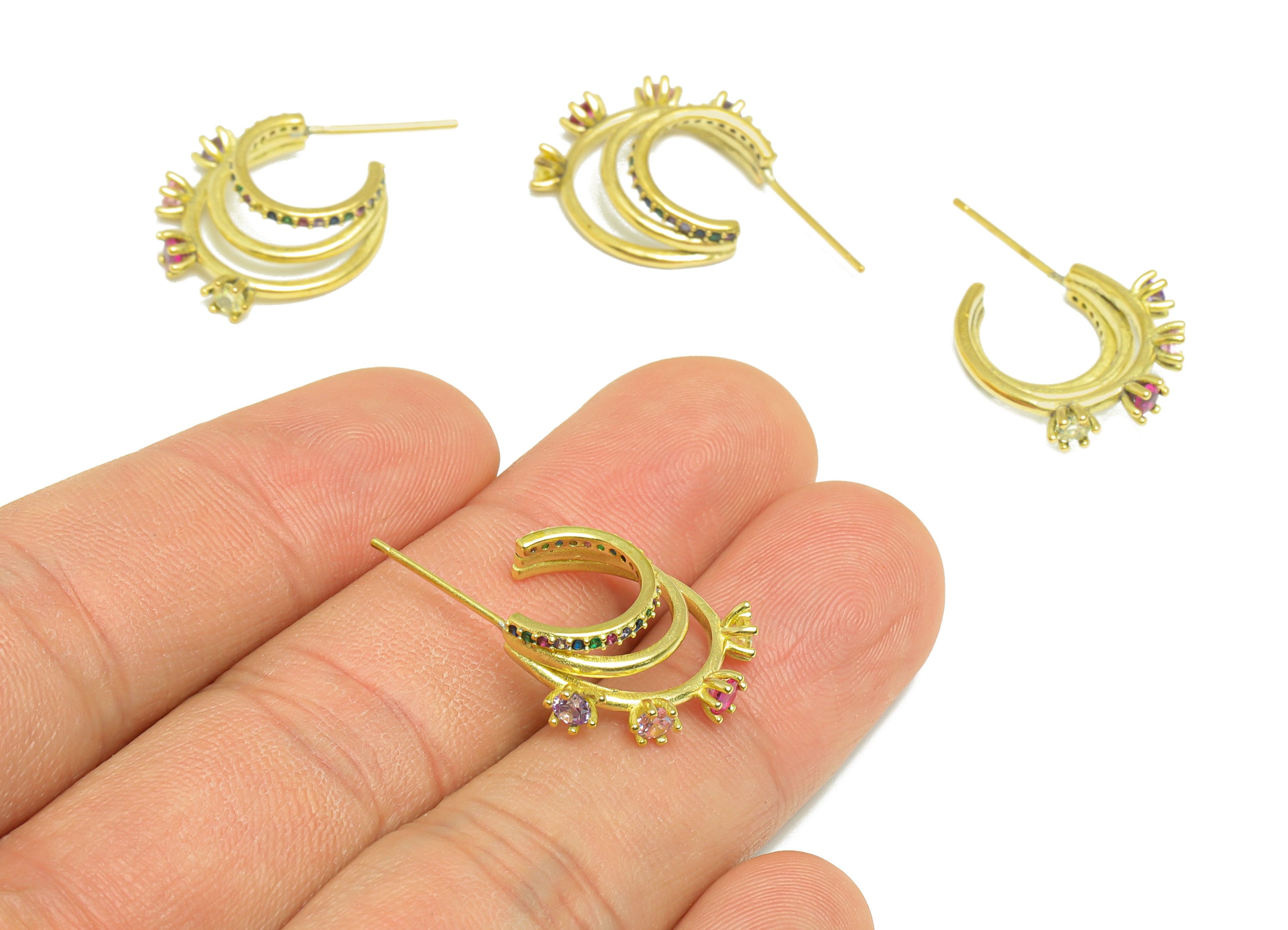 Brass C Hoop Earring Stud - Raw Brass Zircon Earring Post - Rainbow Cubic Zircon Earring Post - Open Hoop 3 Earring Post - 27x17x3mm- PP8999 - DOMEDBAZAAR
