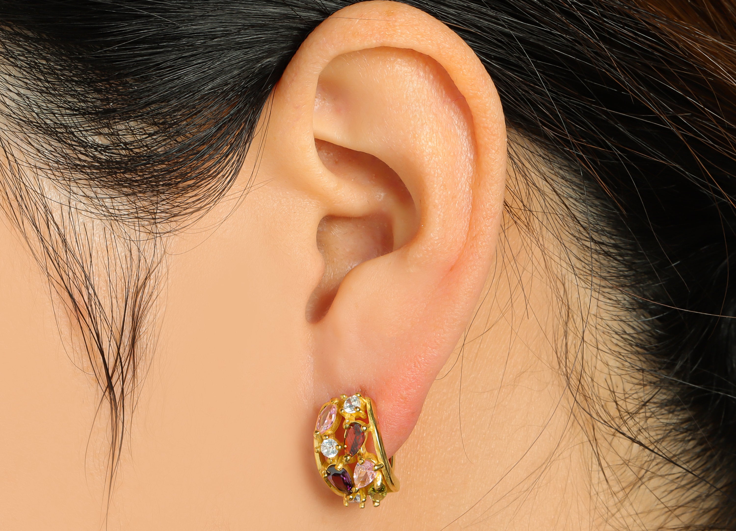 Brass Huggie Hoop Earring - Brass Zircon Clasp Hoop Earring - Rainbow Cubic Zircon Hoop Earring - Teardrop Hoop Earring - 16x16x10mm- PP9000 - DOMEDBAZAAR