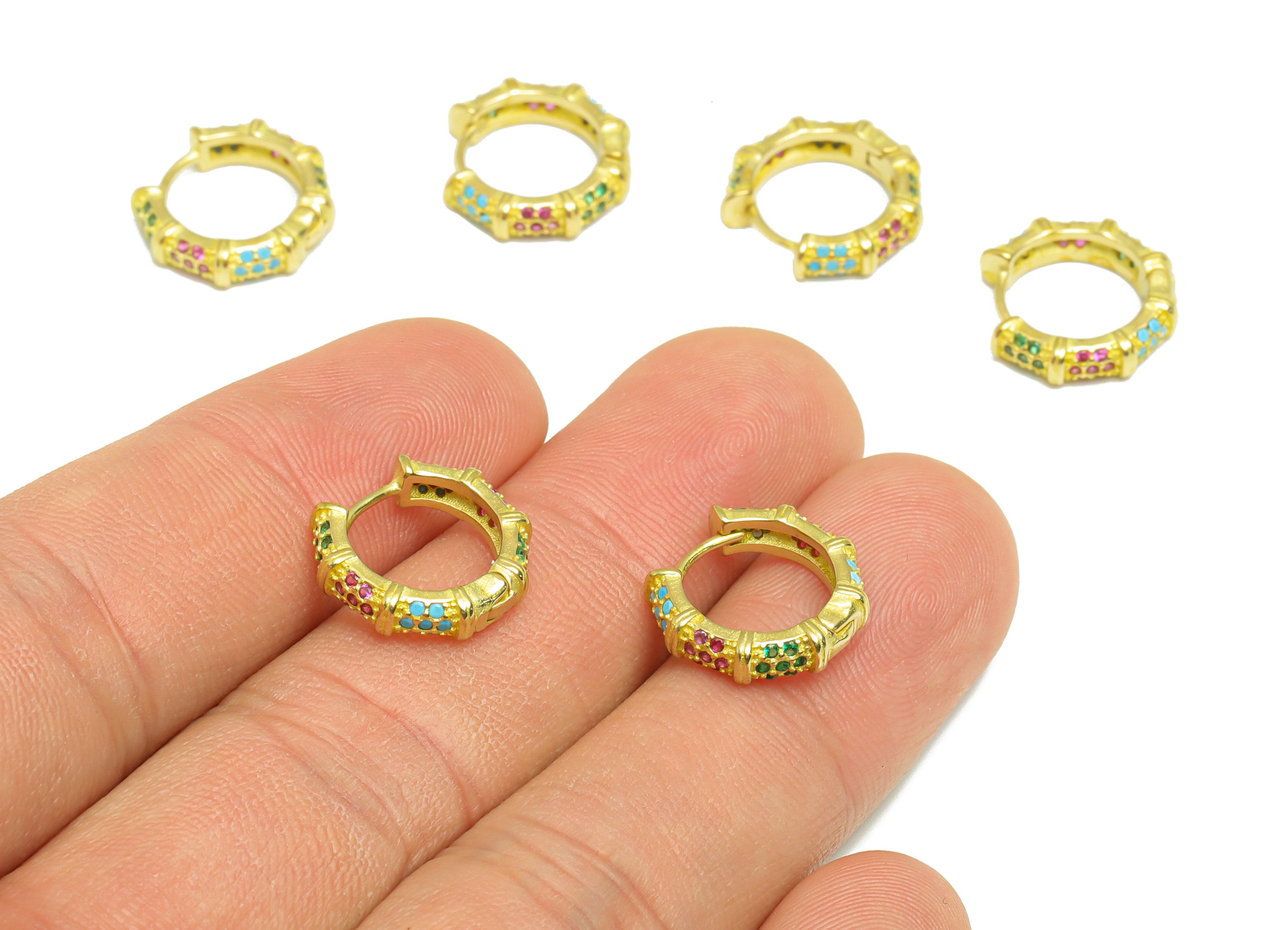 Brass Huggie Hoop Earring - Brass Textured Clasp Hoop Earring - Rainbow Cubic Zircon Hoop Earring - Hoop Earring - 14x13.3mx 3.5mm- PP8997 - DOMEDBAZAAR