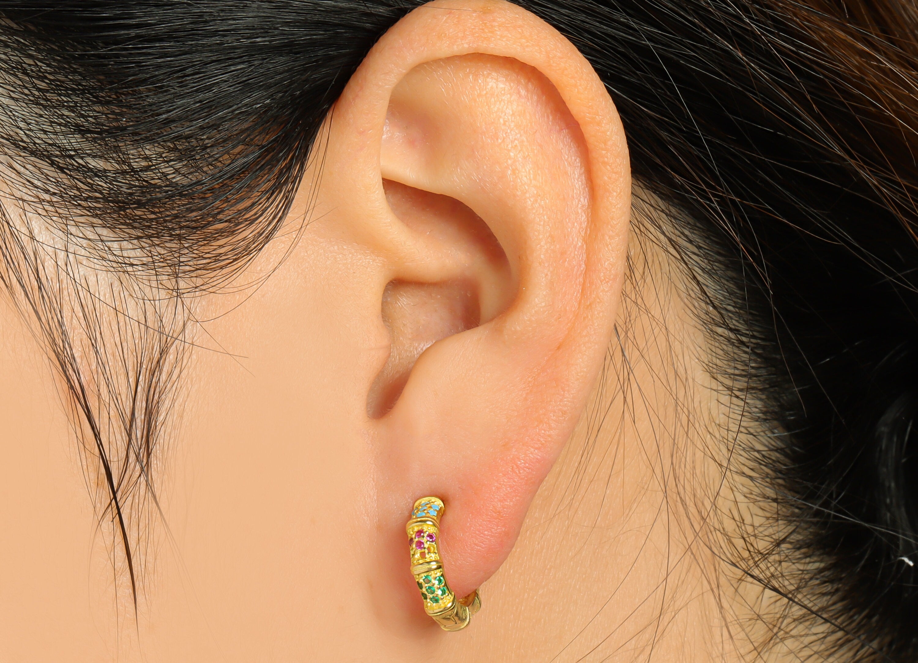 Brass Huggie Hoop Earring - Brass Textured Clasp Hoop Earring - Rainbow Cubic Zircon Hoop Earring - Hoop Earring - 14x13.3mx 3.5mm- PP8997 - DOMEDBAZAAR