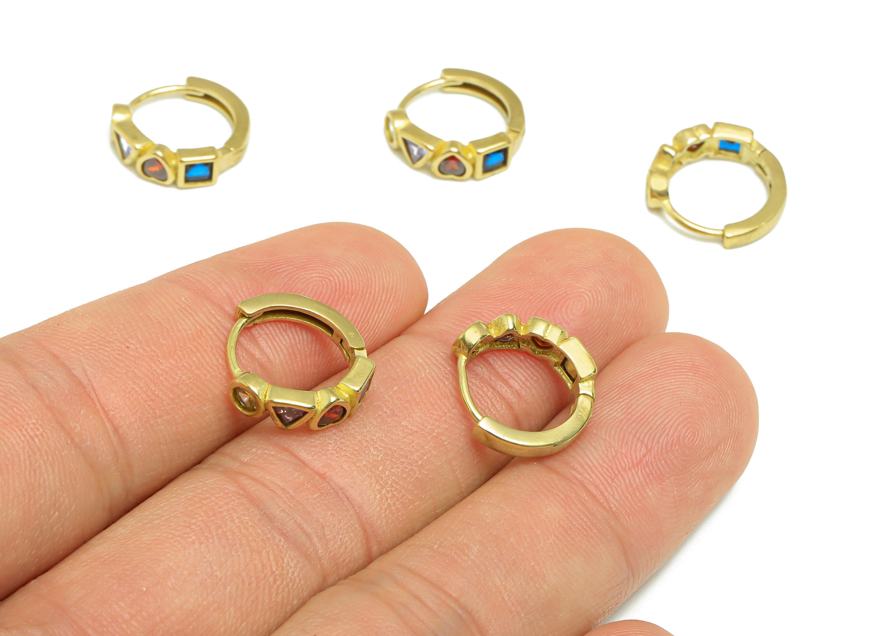 Brass Huggie Hoop Earring - Brass Heart Clasp Hoop Earring - Wavy Geometry Hoop Earring - Rainbow Zircon Hoop Earring - 14x13x4mmmm - PP9006 - DOMEDBAZAAR