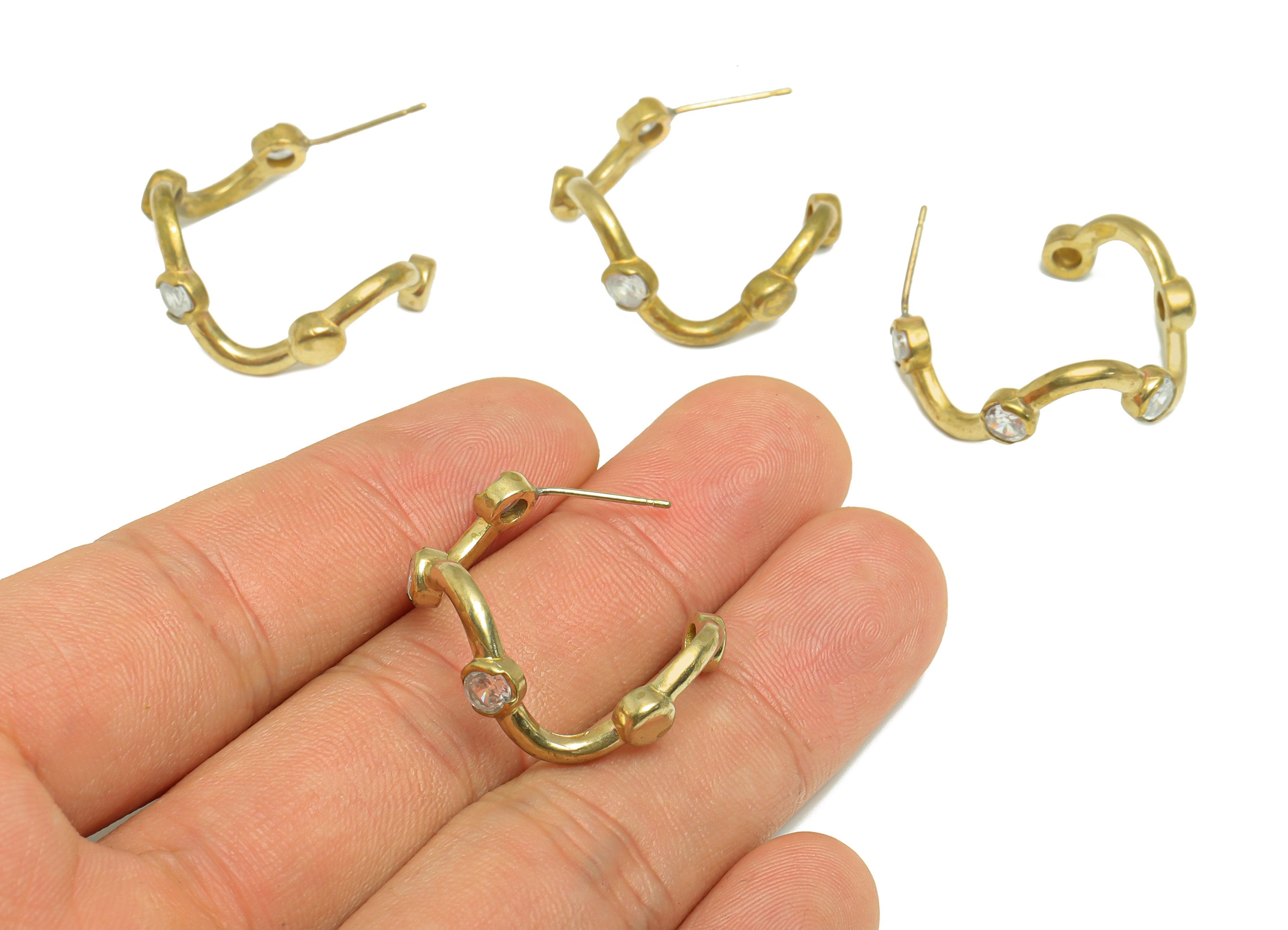 Brass Wire Earring Stud - Raw Brass Zircon Bent Stick Earring Post - Wavy Bar Earring Post - Zircon Bar Earring - 26x24.68x3.05mm - PP9264 - DOMEDBAZAAR