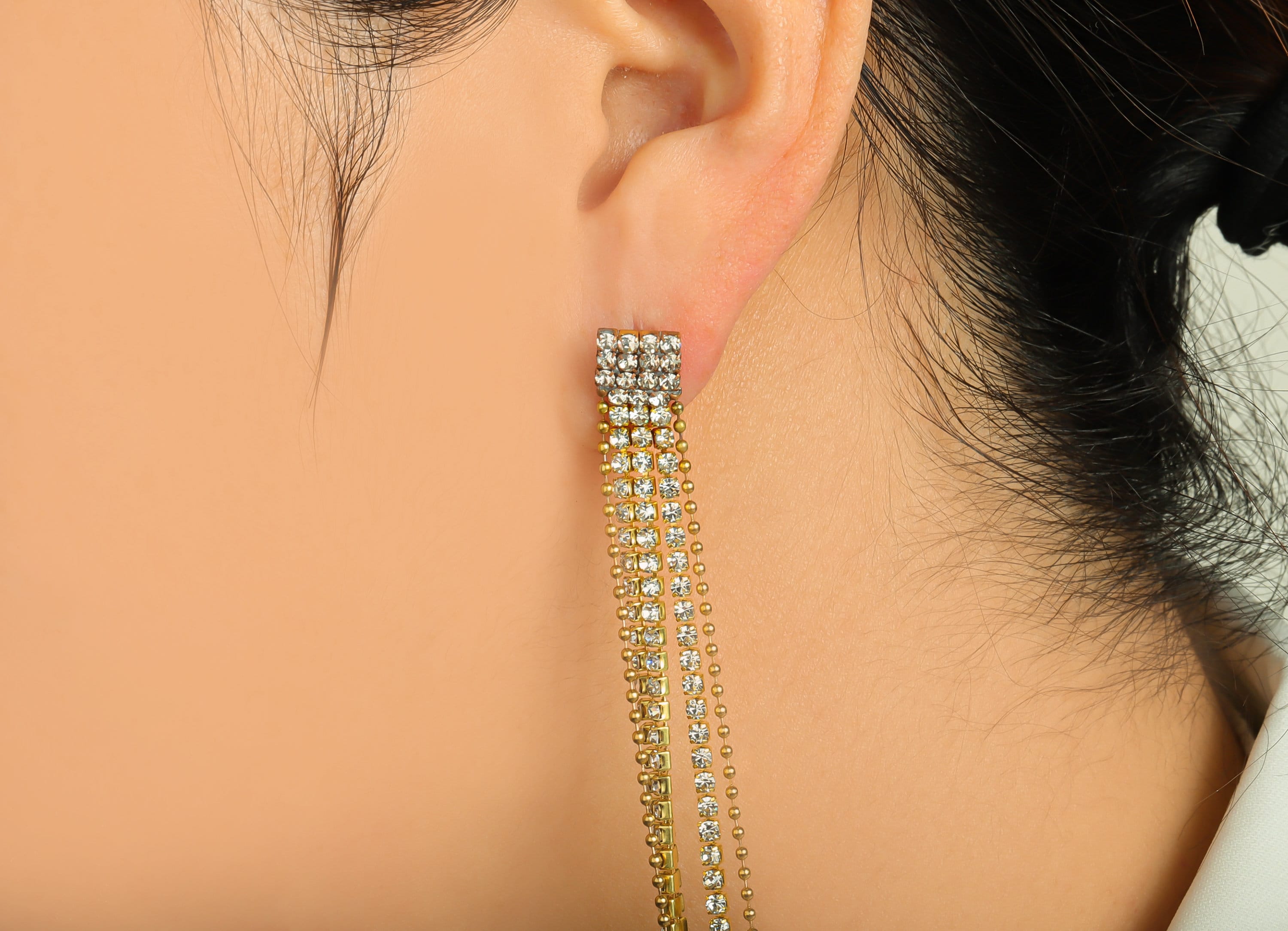 Brass Square CZ Tassel Earring Stud - Brass Zircon Tassel Earring Post - Minimalist Long Chain Hanging - Tassel Post - 190x8x2mm - PP9222 - DOMEDBAZAAR