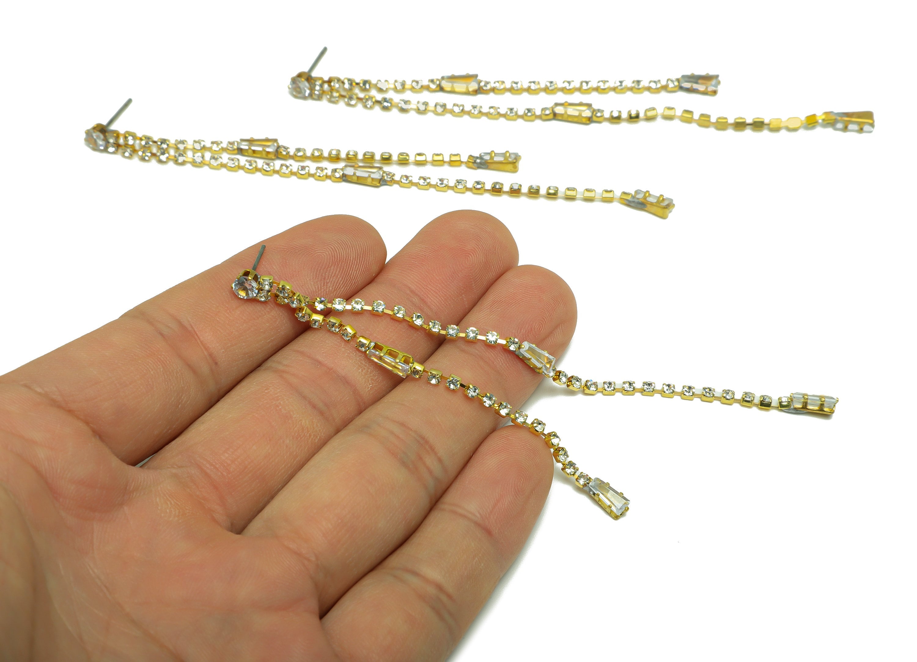 Brass CZ Tassel Earring Stud - Brass Zircon Tassel Earring Post - Minimalist Long Chain Hanging - Trapezoid Tassel Post - 105x4x3mm -PP9218 - DOMEDBAZAAR