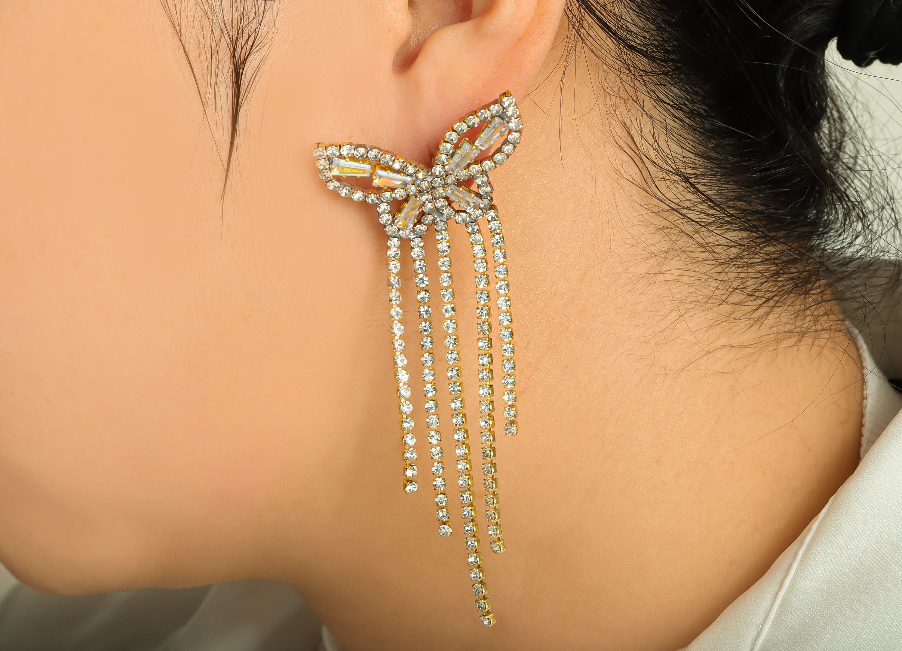 Brass Butterfly CZ Tassel Earring Stud - Brass Zircon Tassel Earring Post - Minimalist Long Chain Hanging - Tassel Post - 85x33x2mm -PP9233 - DOMEDBAZAAR