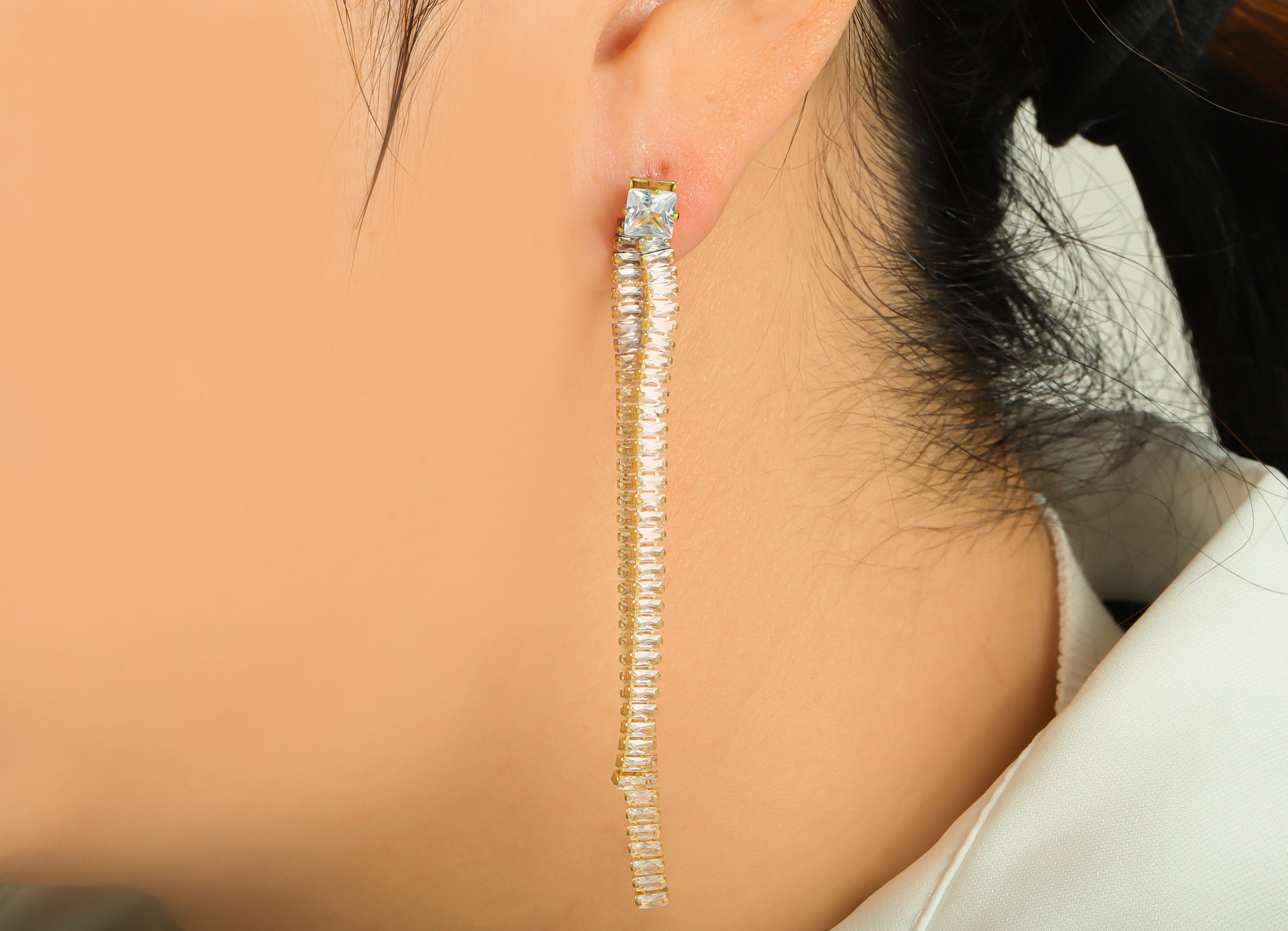 Rectangle CZ Tassel Earring Stud - Raw Brass Tassel Earring Post - Rectangle Zircon Chain Earring Post - Tassel Post - 76x7x2.06mm - PP9227 - DOMEDBAZAAR