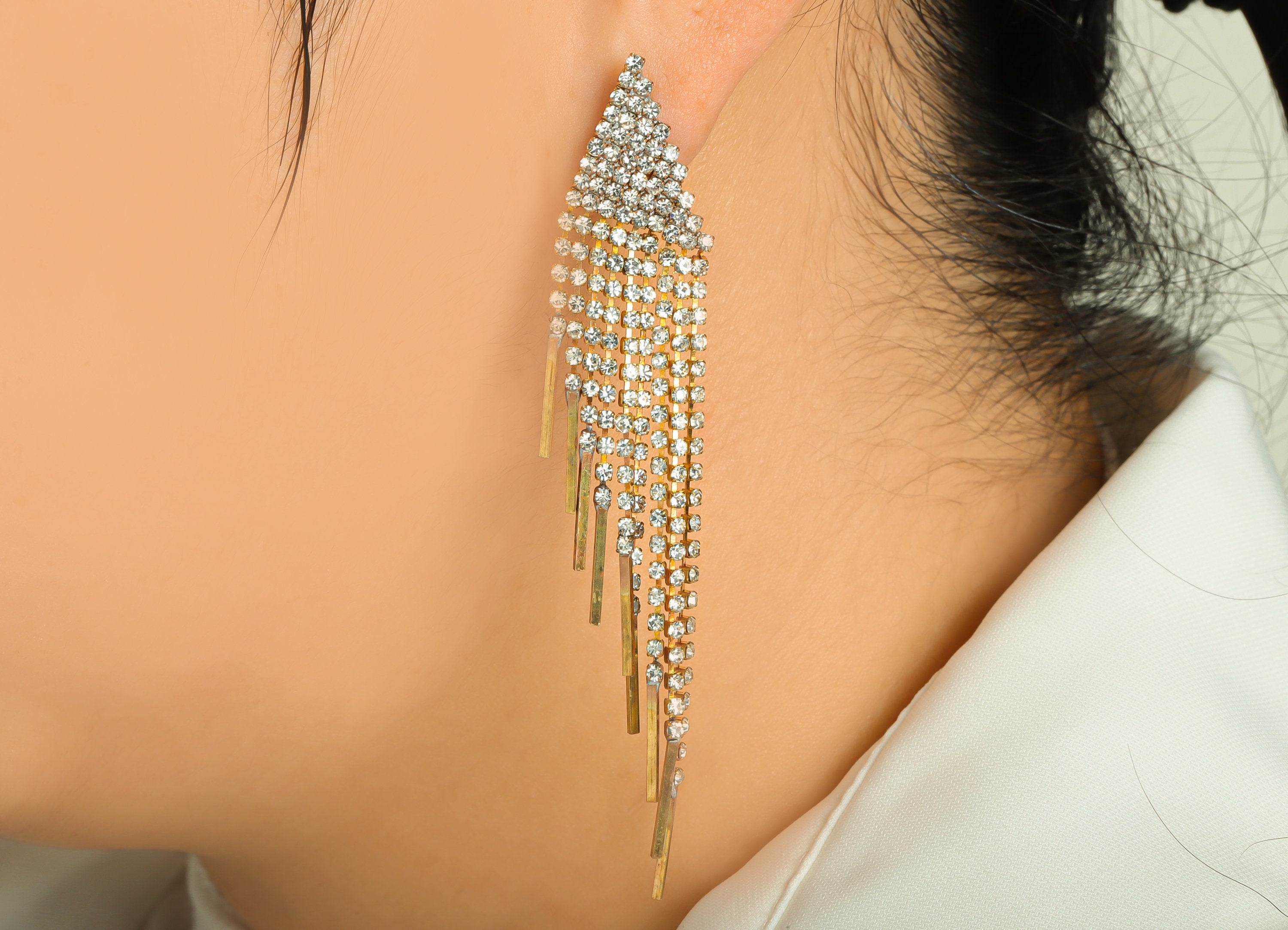 CZ Tassel Wing Earring Stud - Raw Brass Zircon Tassel Earring Post - Triangle Stick Chain Earring Post - Tassel Post - 78x14x1.84mm- PP9234 - DOMEDBAZAAR