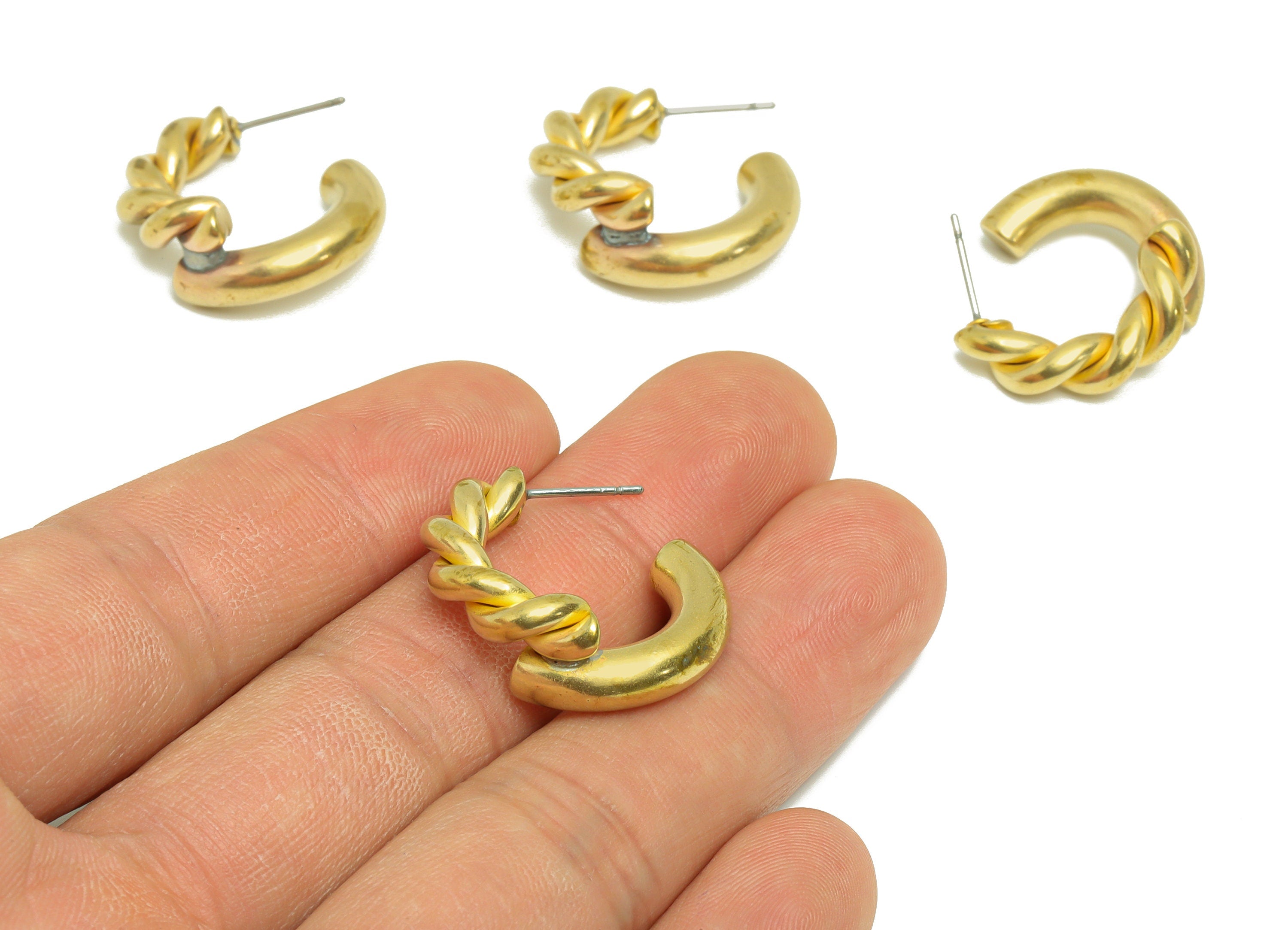 Brass Thick C Hoop Earring Post - Brass Open Hoop Earring Stud - Brass Twine Wire Earring Stud - Brass Splicing Post - 25x24x4.9mm - PP9424 - DOMEDBAZAAR