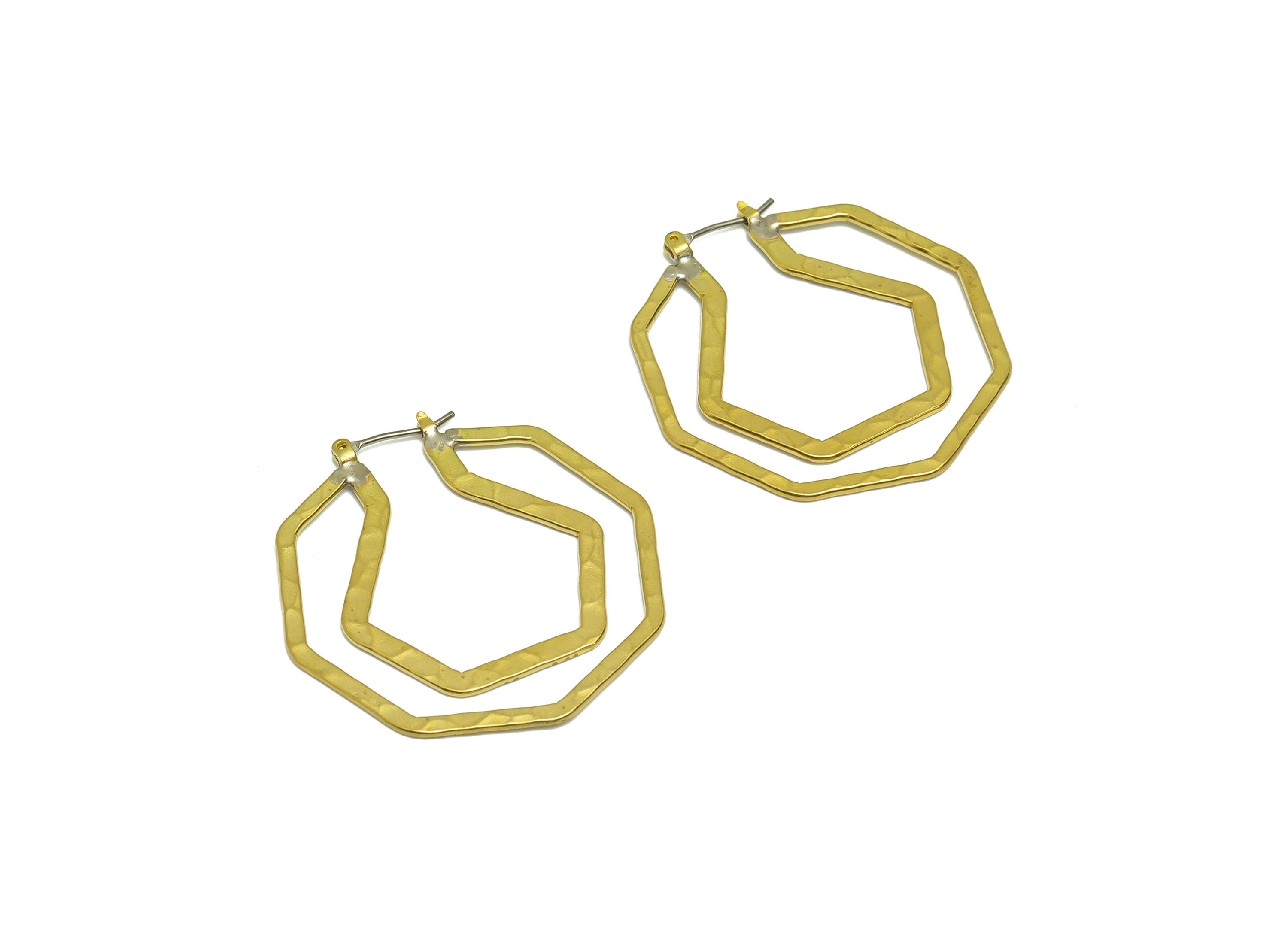 Brass Octagon Hoop Earring - Brass Hinged Back Earring - Brass Hammered Hinged Pentagon Earring - Brass Hammered Clasp - 39x38x1mm - PP9419 - DOMEDBAZAAR