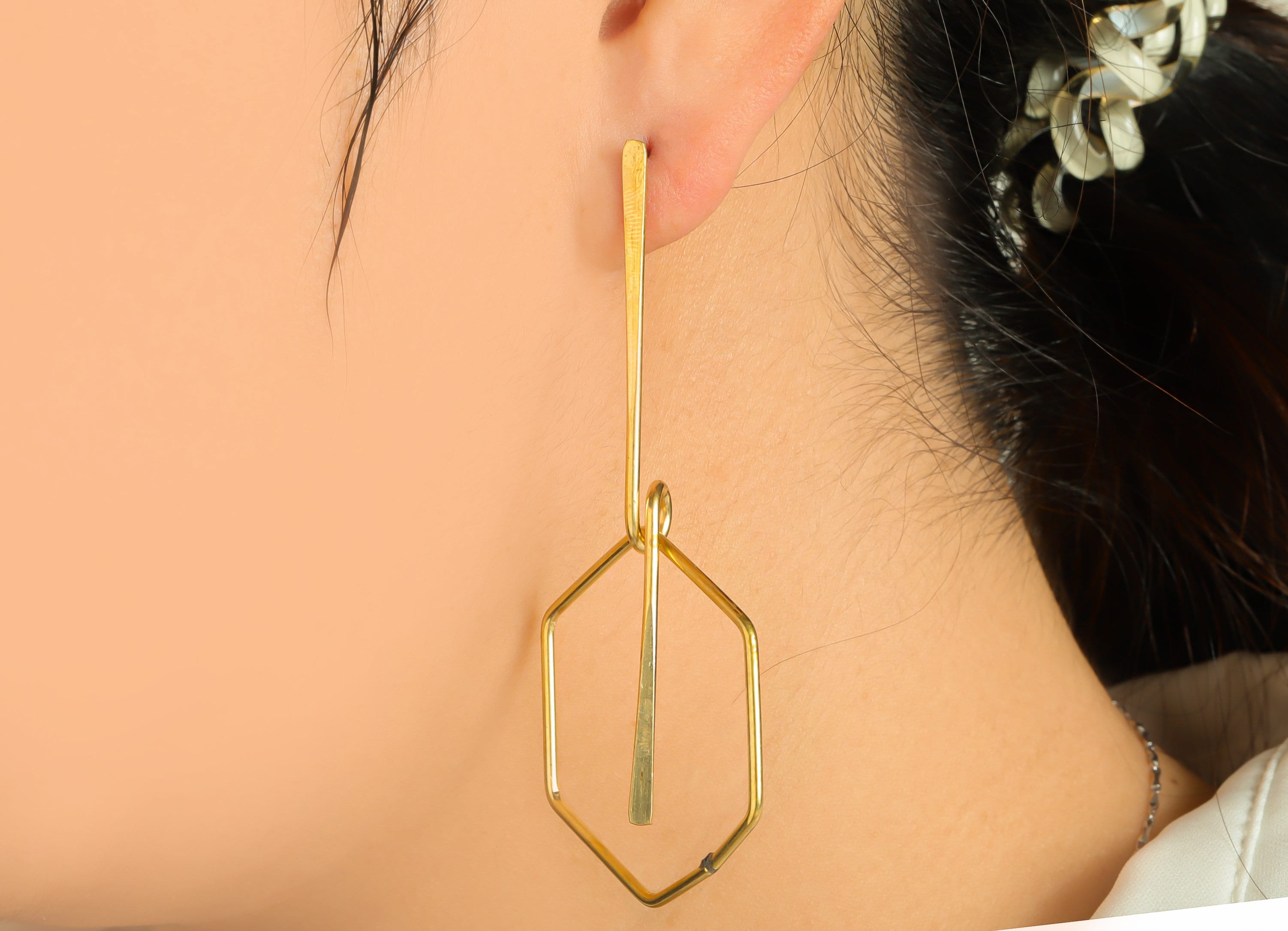 Brass Hexagon Dangle Wire Earring Post - Raw Brass Stick Earring Post - Dangle Knot Earring Post - Geometry Earring Post - 78x35x1mm -PP9143 - DOMEDBAZAAR